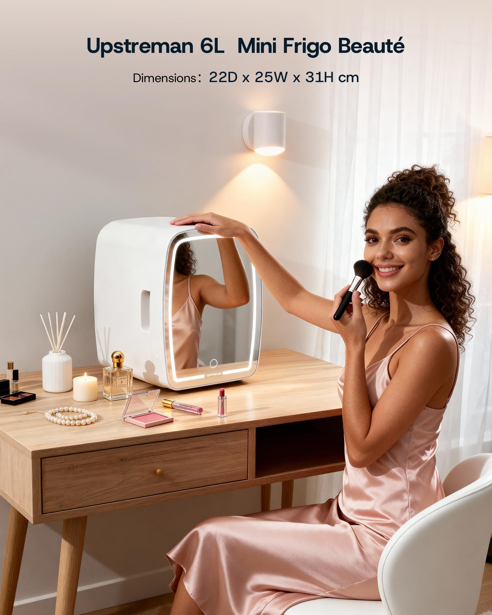 Upstreman TF06 PRO Mini Frigo Cosmetique 6L avec Miroir, Éclairage LED 3 Intensités, 35 dB Silencieux Portable