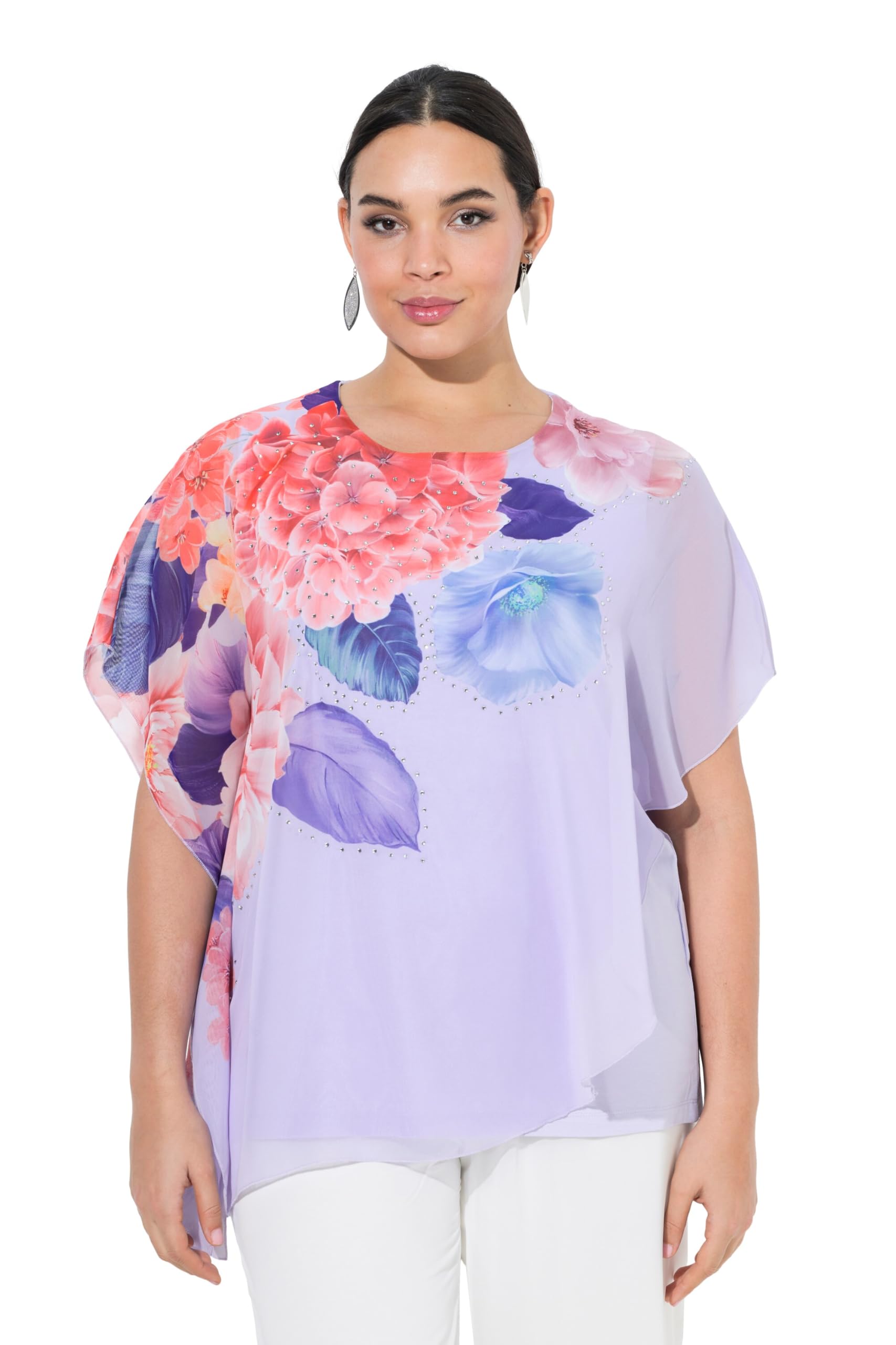 Ulla Popken Damen große Größen Übergrößen Plus Size Chiffonbluse, Blüten, doppellagig, Rundhals, Halbarm 849328