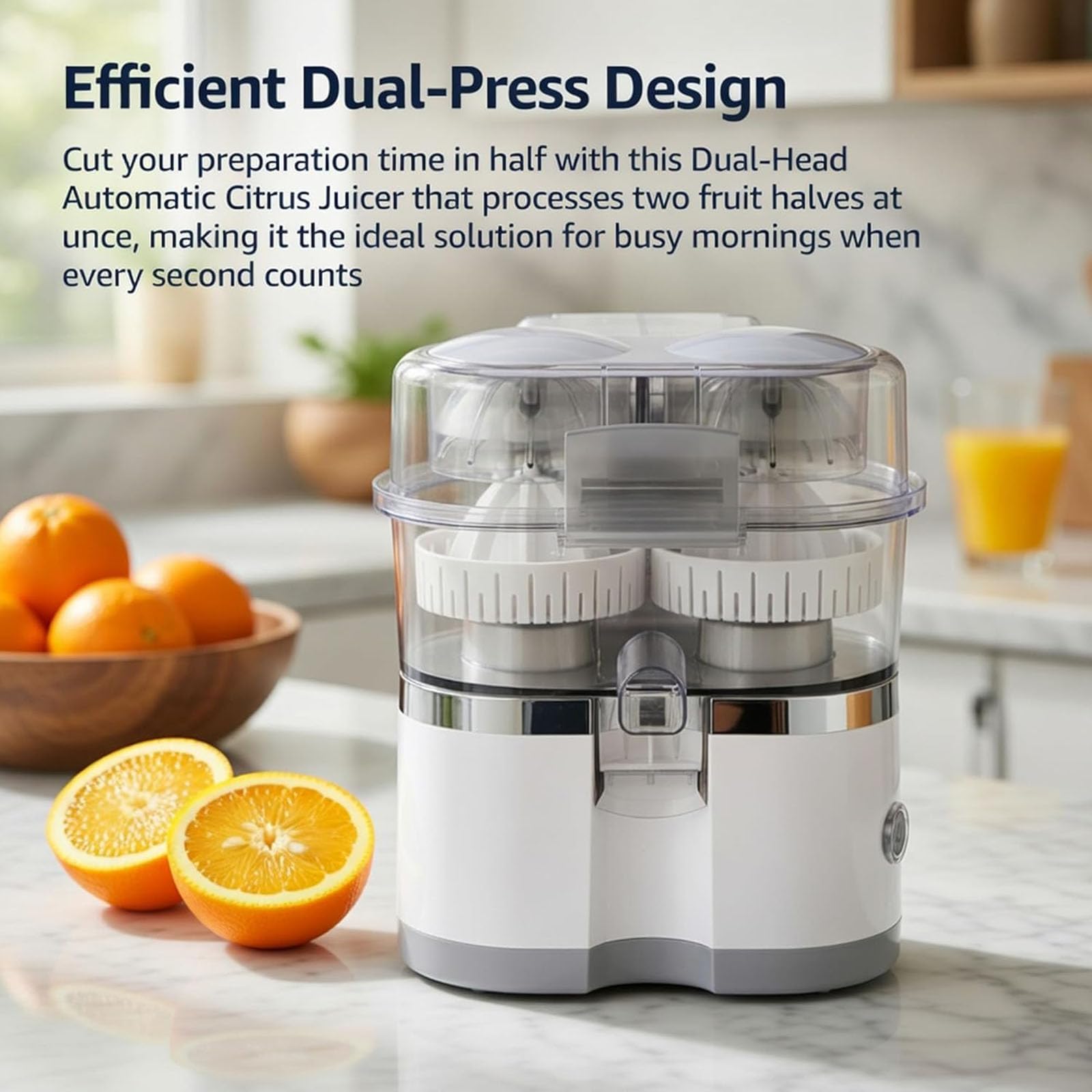 Exprimidor de cítricos eléctrico de doble cabezal, exprimidor de naranjas con cortador incorporado, para naranja, limón, lima y pomelo White
