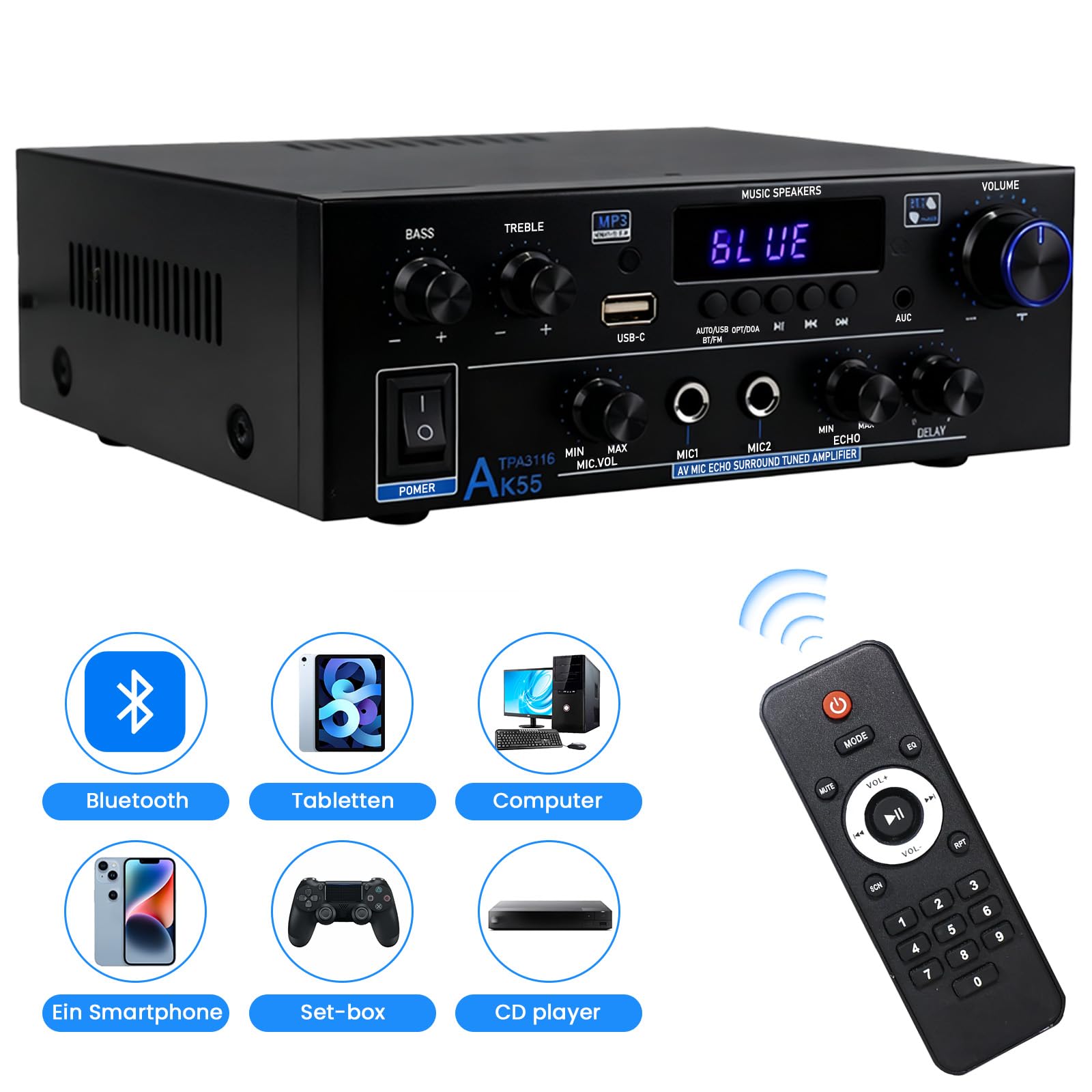 AK55 Amplificatore HiFi Mini Bluetooth 5.0 Stereo Amplifier 2.0 Canali 70W X 2 Audio Amplificatore Digitale Amplificatore con radio FM, telecomando, Opt/AUX/RCA/USB/MIC/BT