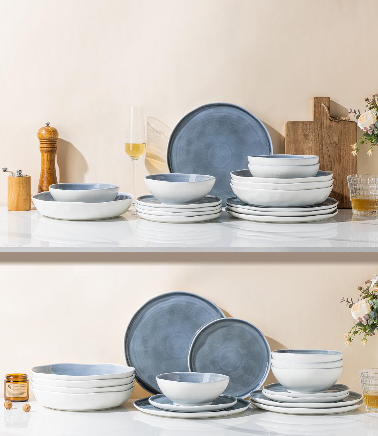 LERATIO Keramik-Geschirr-Set mit 4 Porzellantellern und Schüsseln, Set mit gewelltem Rand, mikrowellen-, spülmaschinen- und ofenfest, leicht und kratzfest, 12-teiliges Geschirr-Set, LDW015