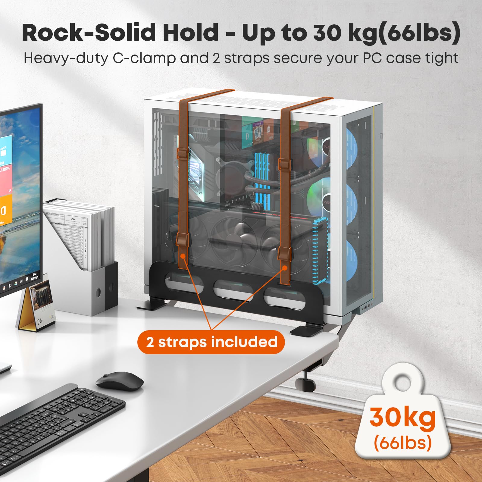 PUTORSEN PC Wandhalterung, PC Halterung für Höhenverstellbaren Schreibtisch | 30kg Tragkraft, 2 Gurte, verstellbare Breite, C-Klemme, einfache Montage, Robuste Stahlkonstruktion