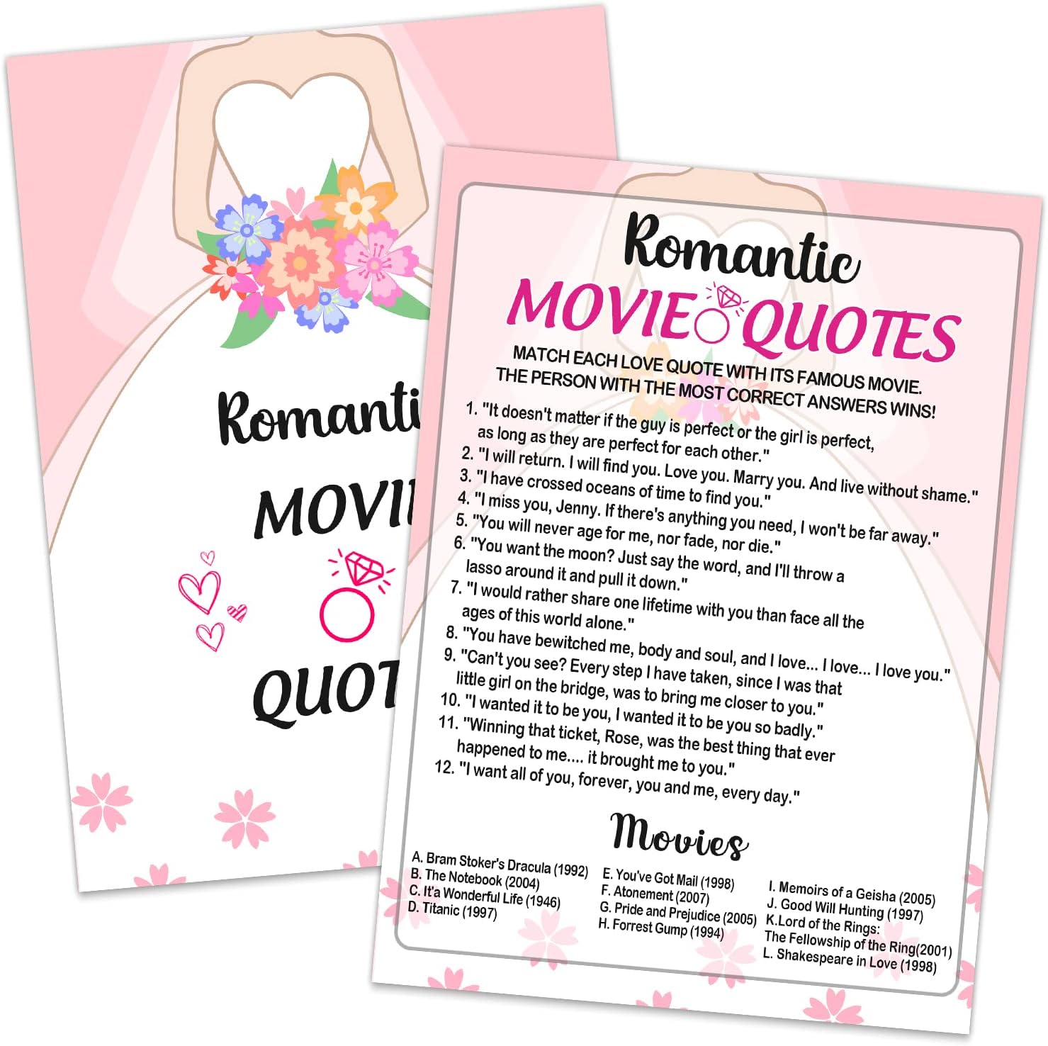 Romantic Movie Quotes Bridal Shower Games, Wedding Party