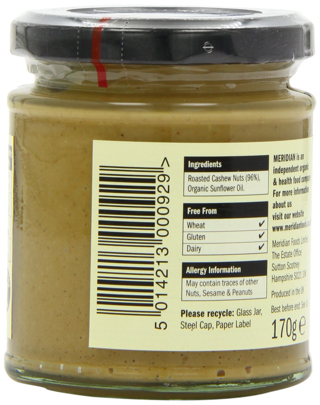 Meridian Natural Cashew Butter Whole Nut Spread 170 g (Pack of 3)