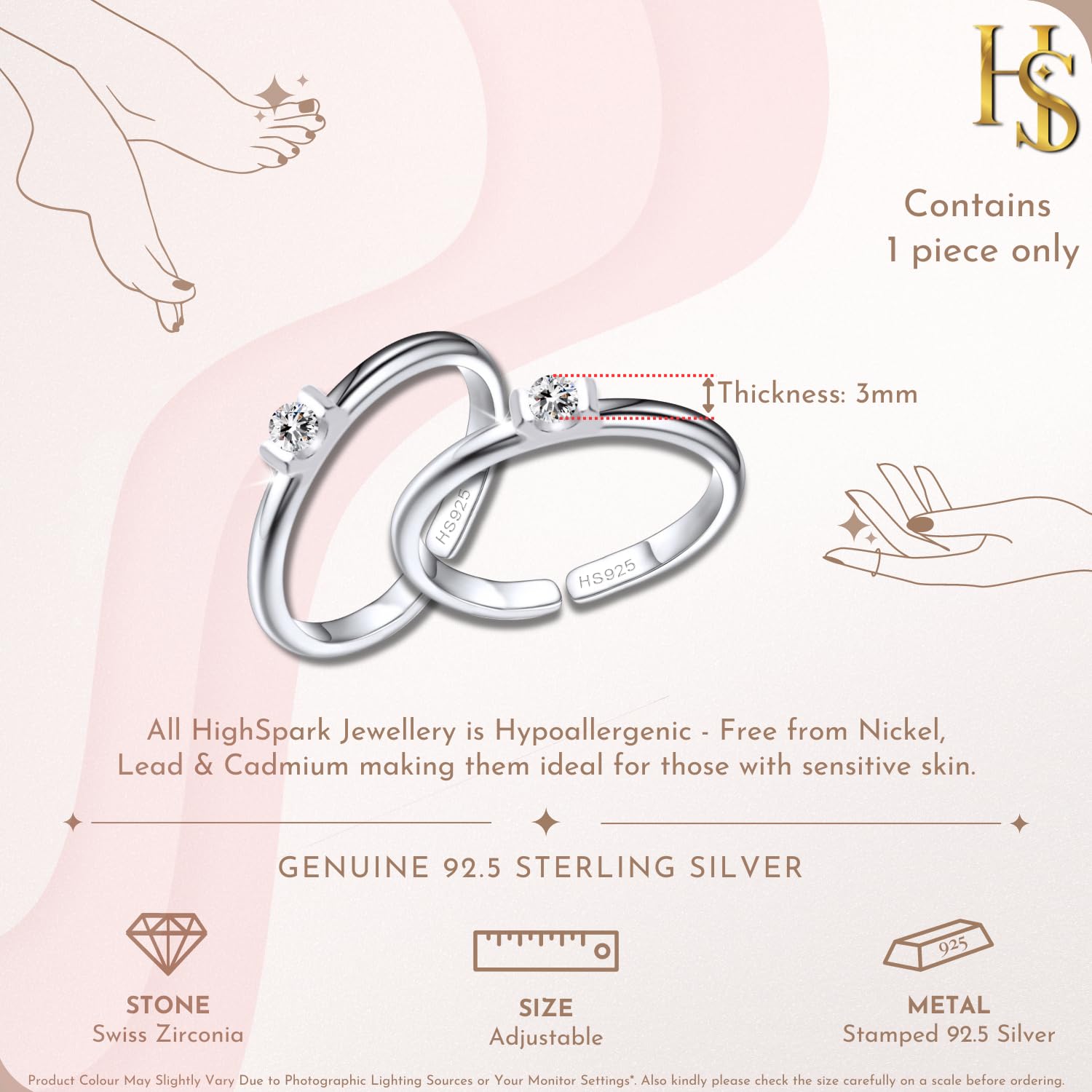 Spark Diamond Silver Toe Rings for 92.5 Sterling Silver Adjustable Toe Rings