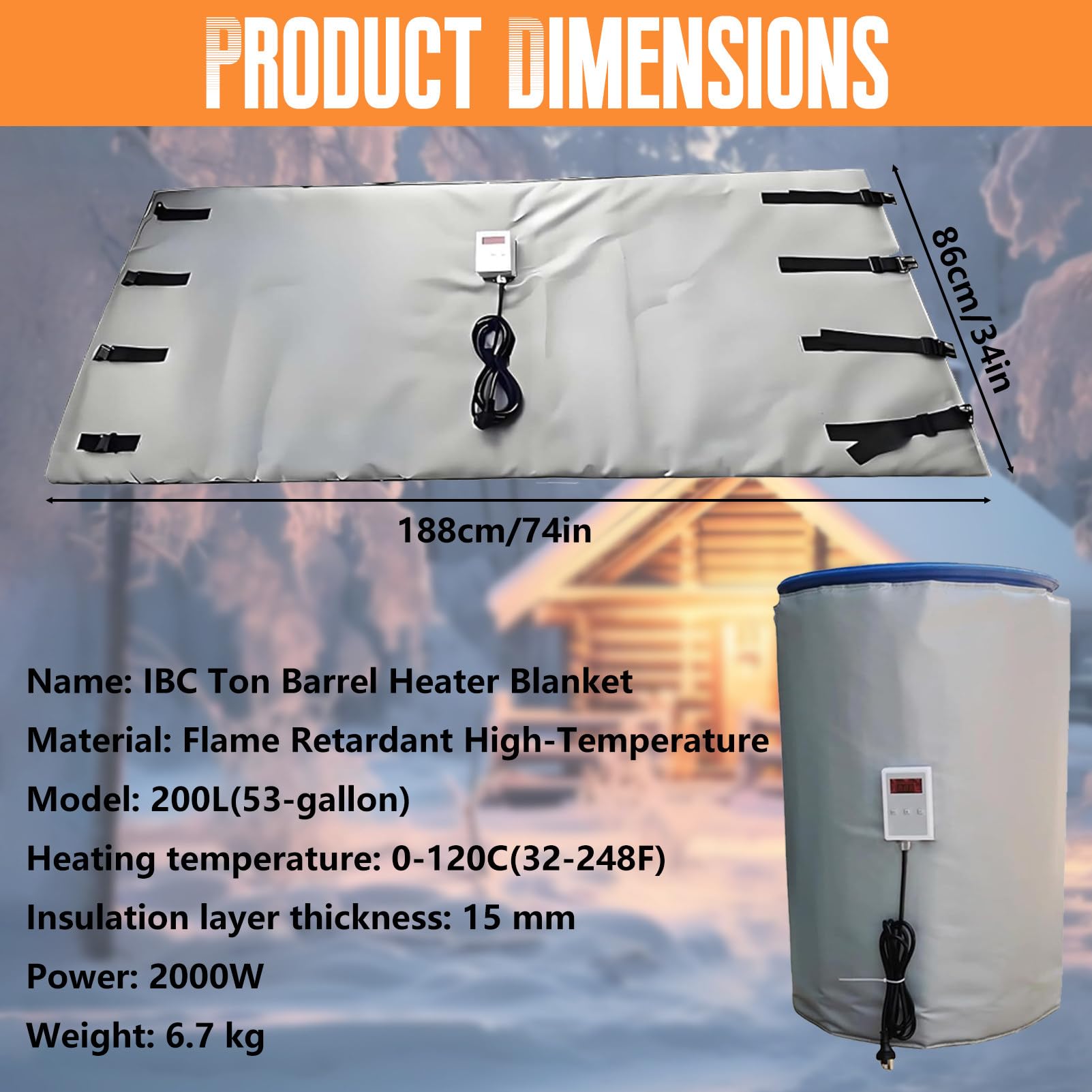Płaszcz grzewczy do beczek IBC o pojemności 200 l/1000 l, odłączany koc grzewczy do przemysłowych beczek z olejem, maks. 120°C, do beczek z olejem. 200L/55Gal