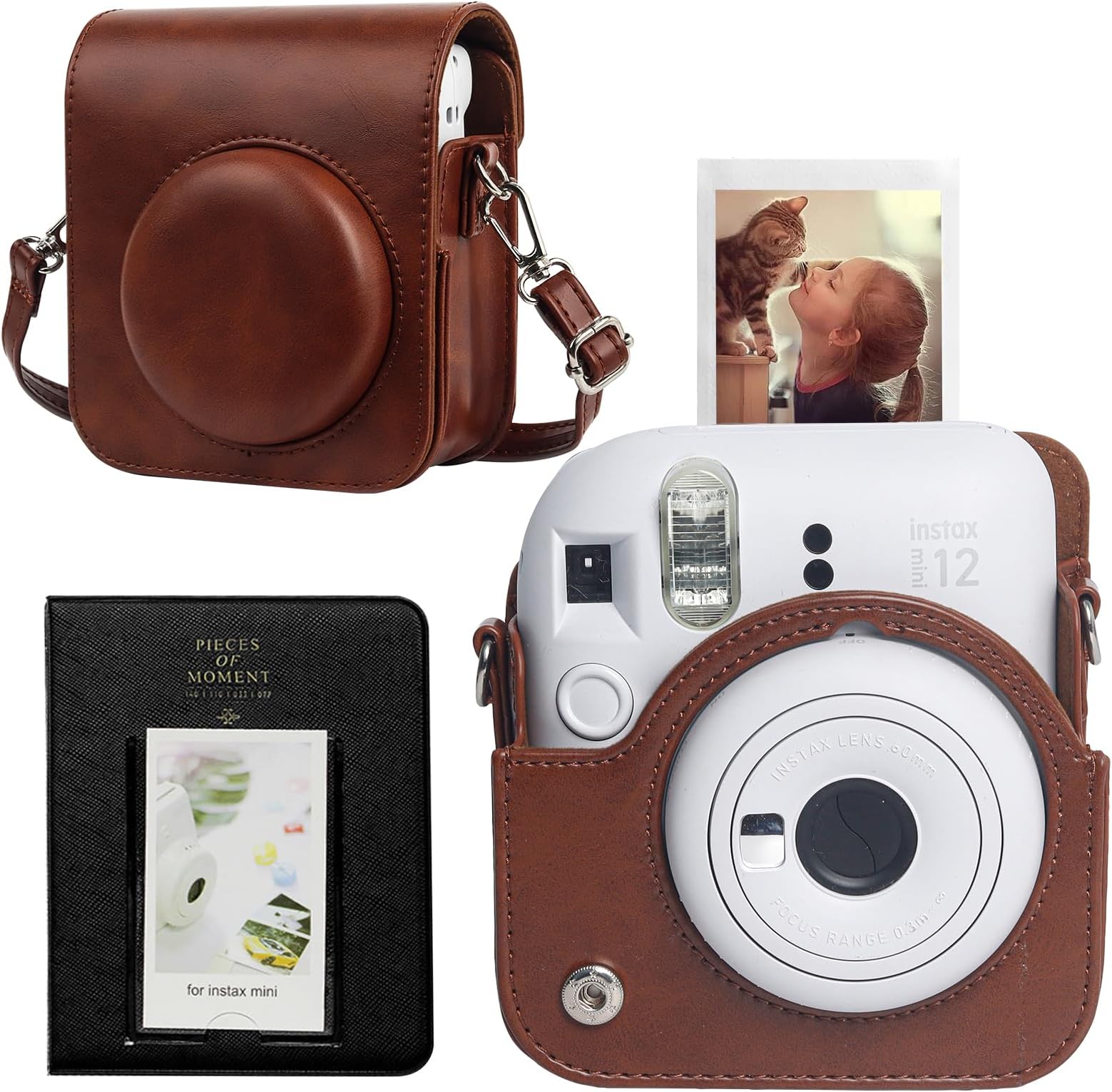 CAIYOULE Protective Camera Case for Instax Mini 12 Instant Camera Fuji Mini 12 Case PU Leather Carrying Bag with Adjustable Shoulder Strap & 64 Pockets Photo Album - Brown