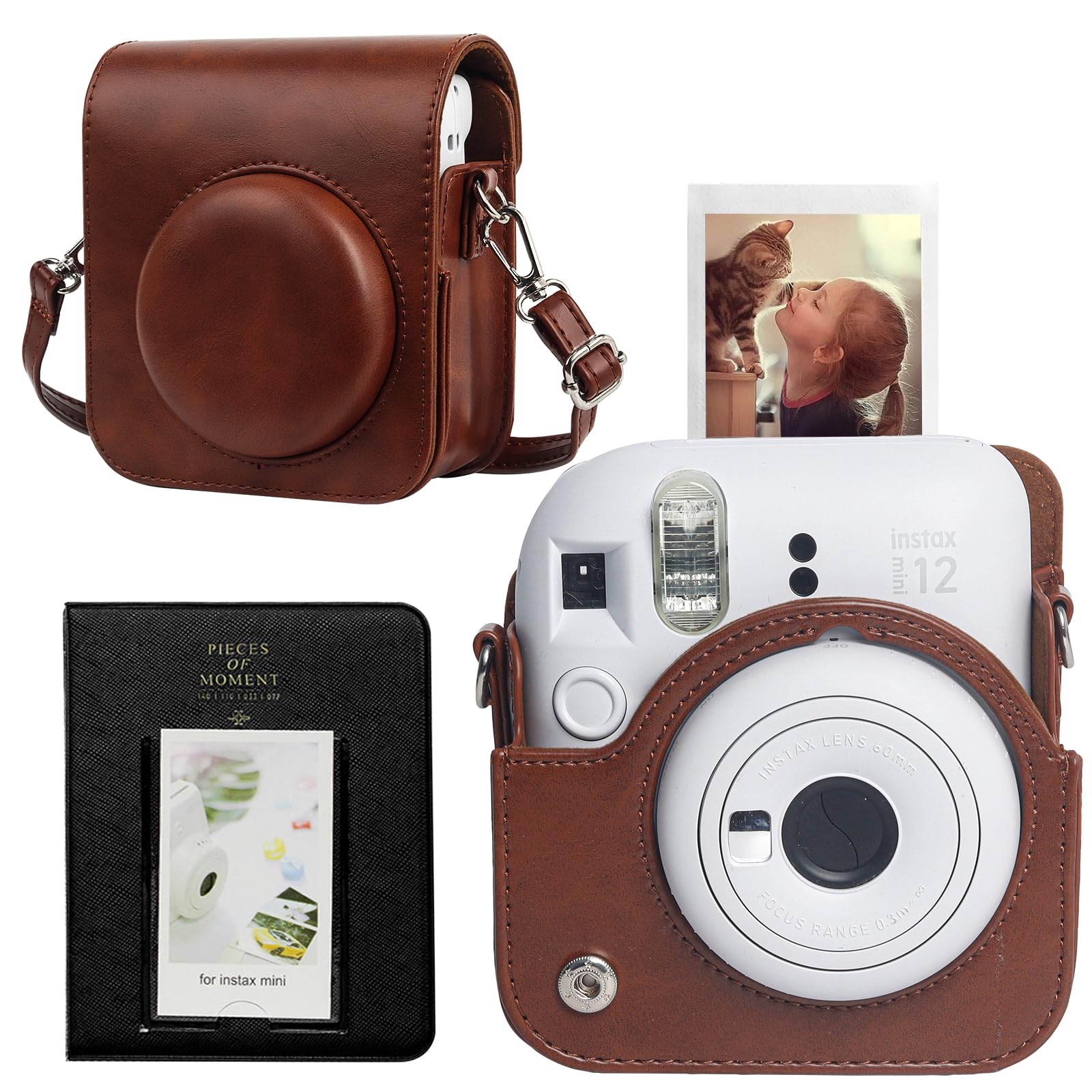 CAIYOULE Protective Camera Case for Instax Mini 12 Instant Camera Fuji Mini 12 Case PU Leather Carrying Bag with Adjustable Shoulder Strap & 64 Pockets Photo Album - Brown