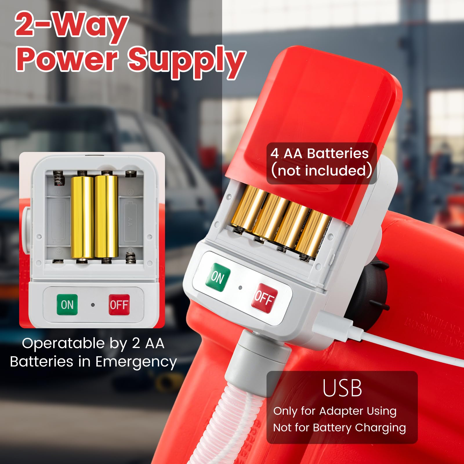SOARS - Bomba de transferencia de combustible, bomba eléctrica combustible alimentado por batería/USB, con sensor de apagado automático, 3 adaptadores para bidones de gas, para gasolina, aceite