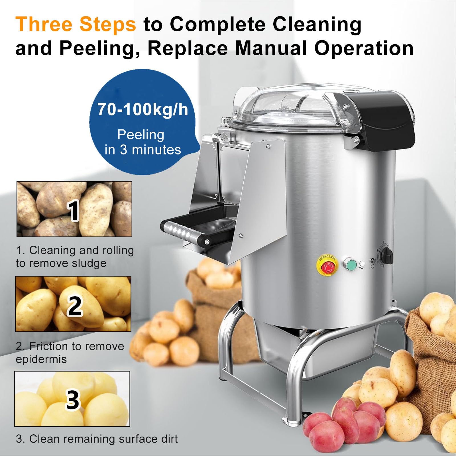 Peladora de Patatas Profesional de 750 W, 70-100 kg/h, con un Solo Toque/Capacidad de 5 kg, Elimina la Piel de Frutas y Verduras, Lavadora de Patatas eléctrica, 110 V