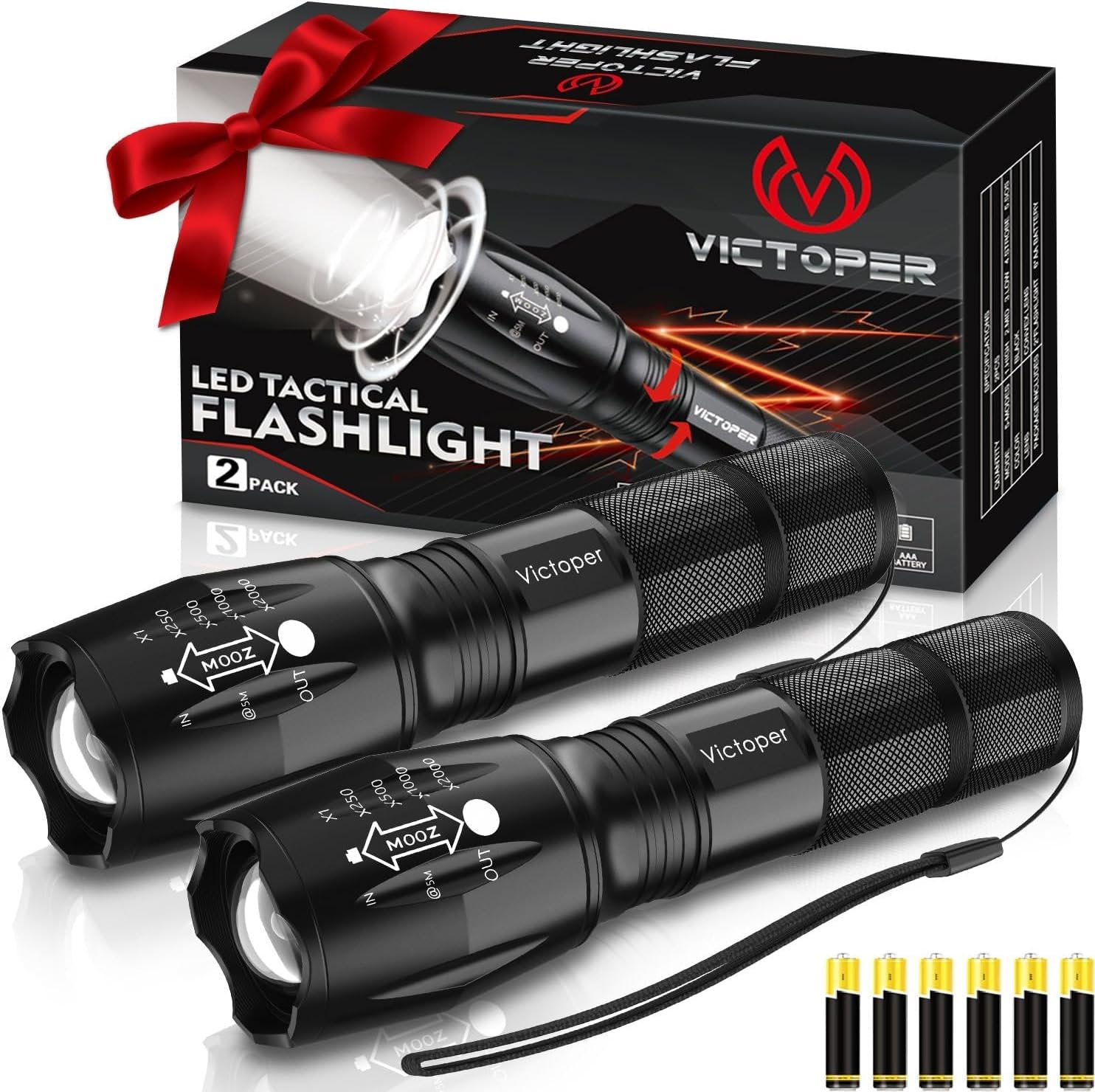 Victoper LED Torch 2 Pack, 2000 Lumens High-Performance Tactical Torch Lights with 5 Modes, Waterproof Zoomable Flashlight for Outdoor Activities, Camping Essentials