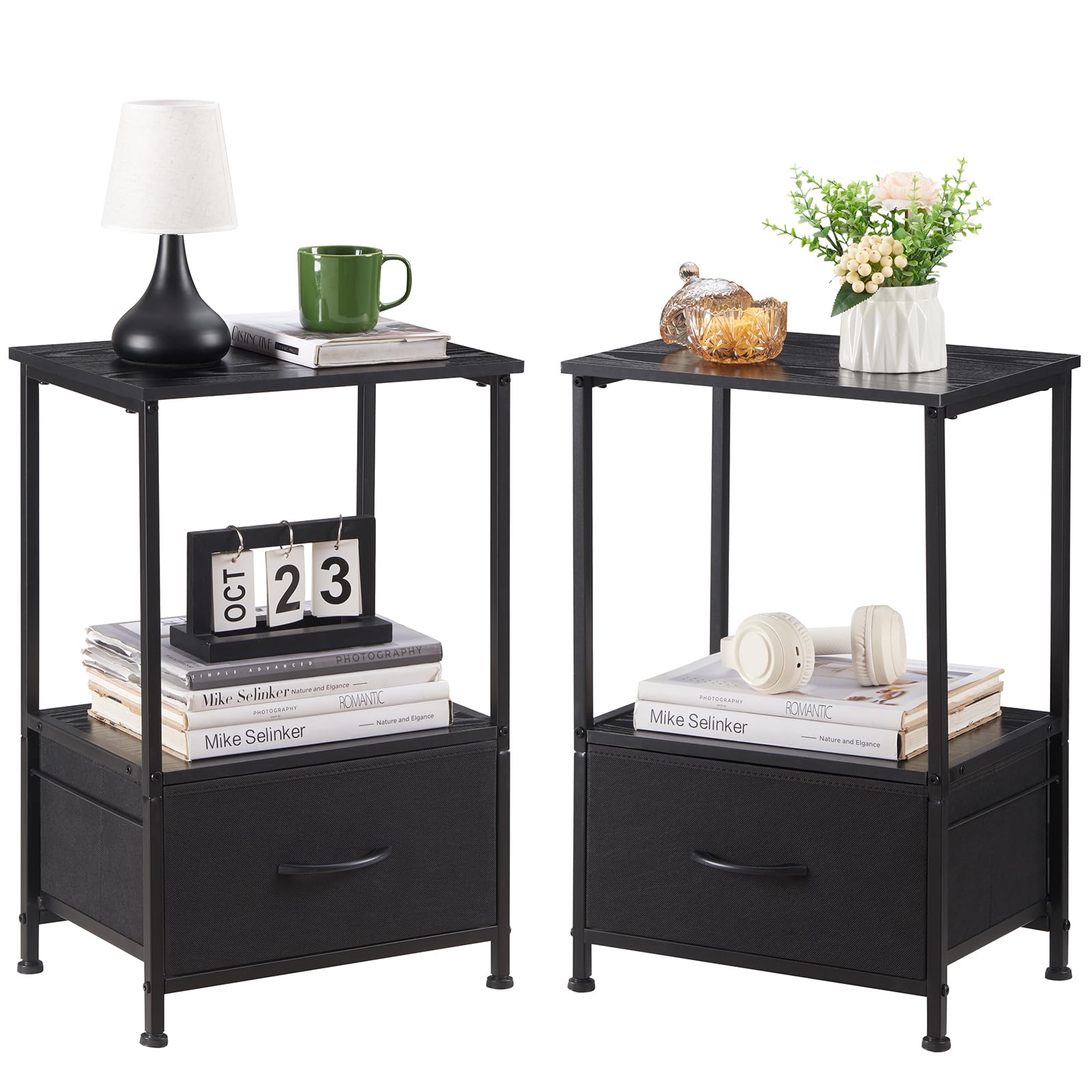 Somdot Nightstand Set of 2, 24.6'' Height Bedside Table End Table for Bedroom Nursery Living Room - Removable Fabric Drawer, Open Storage Shelf, Sturdy Steel Frame, Durable Wood Top - Black
