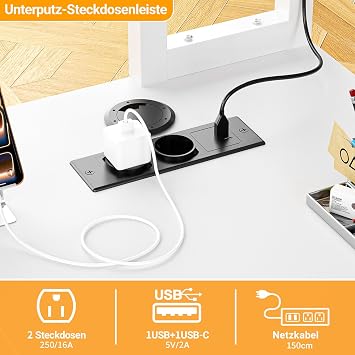 Homieasy 150 cm L-Shaped Corner Desk with Drawers & LED Sturdy Gaming Table with Sockets & USB Computer Desk with Monitor Stand & A4 Shelf for Home Office (White)