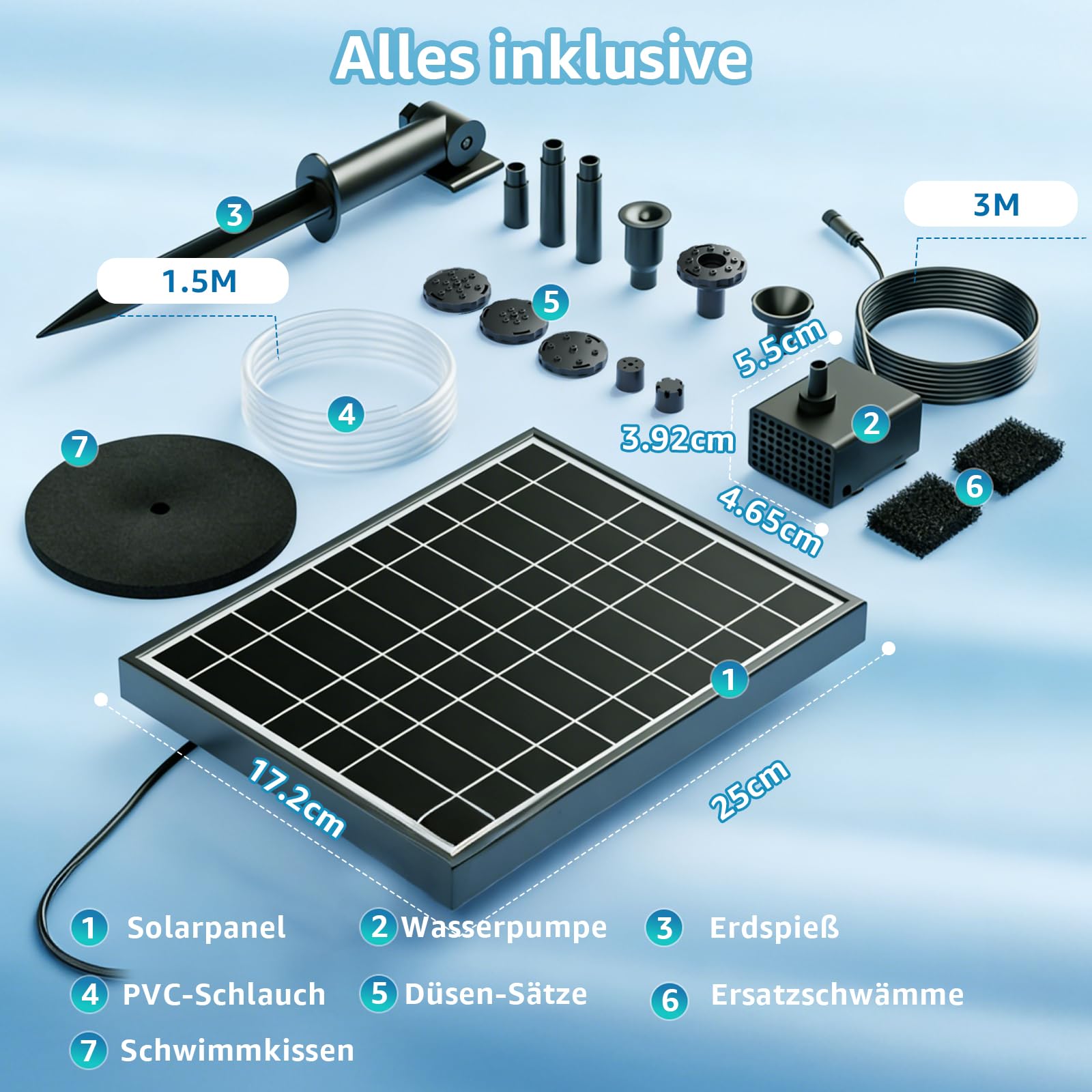 Solarvogelbrunnenpumpe, 7.5W Außen-Solarwasserpumpe mit 7+ Sprühmodi & 1.5m Schlauch, DIY Solarpumpe für Garten, Teiche, Pools und Aquarien