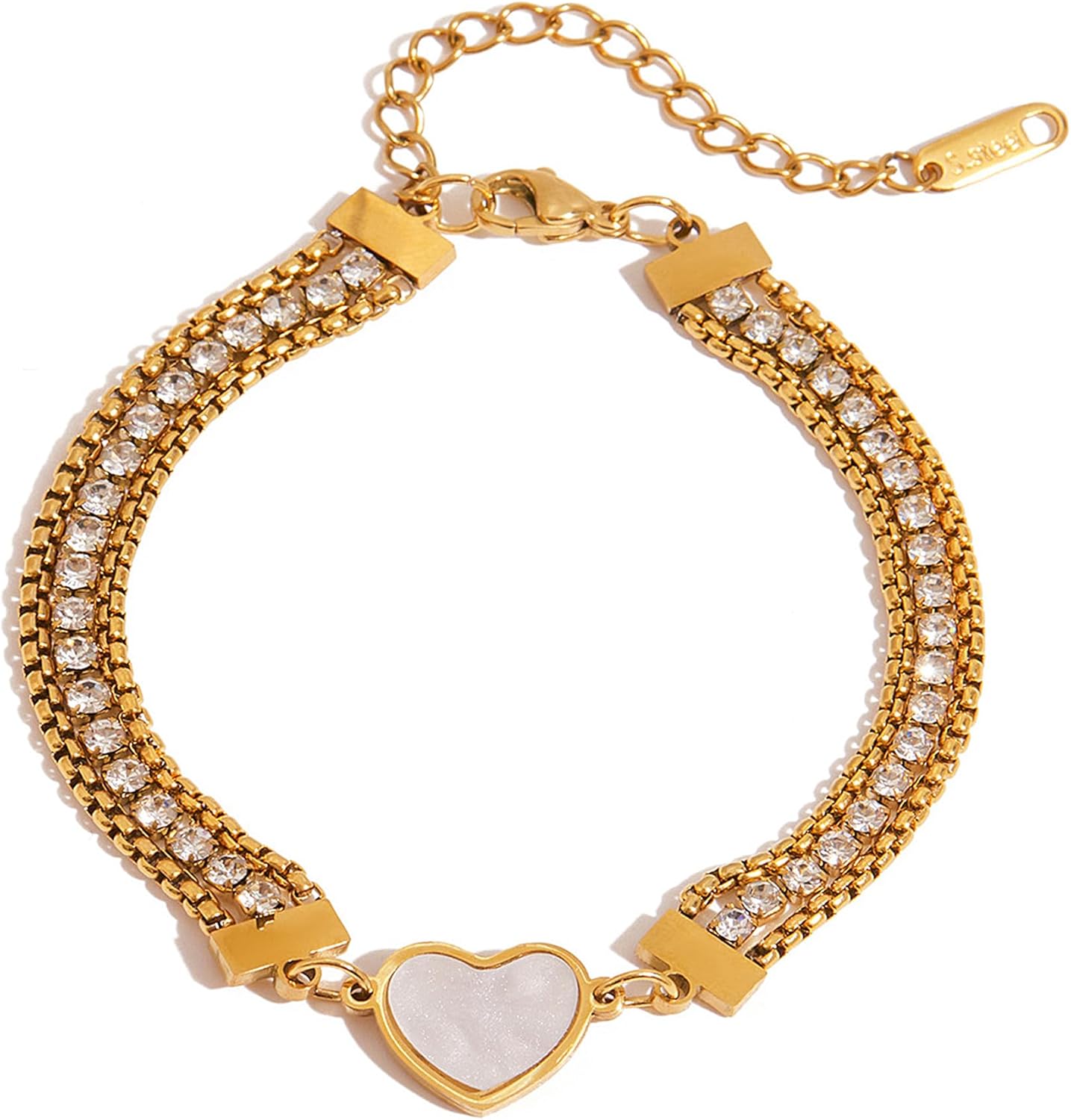 Dainty Gold Bracelets for Women - Gold Heart Charm/Paperclip CZ Link Bracelet, Simple Chain Jewelry | Minimalist Statement Jewelry Gifts