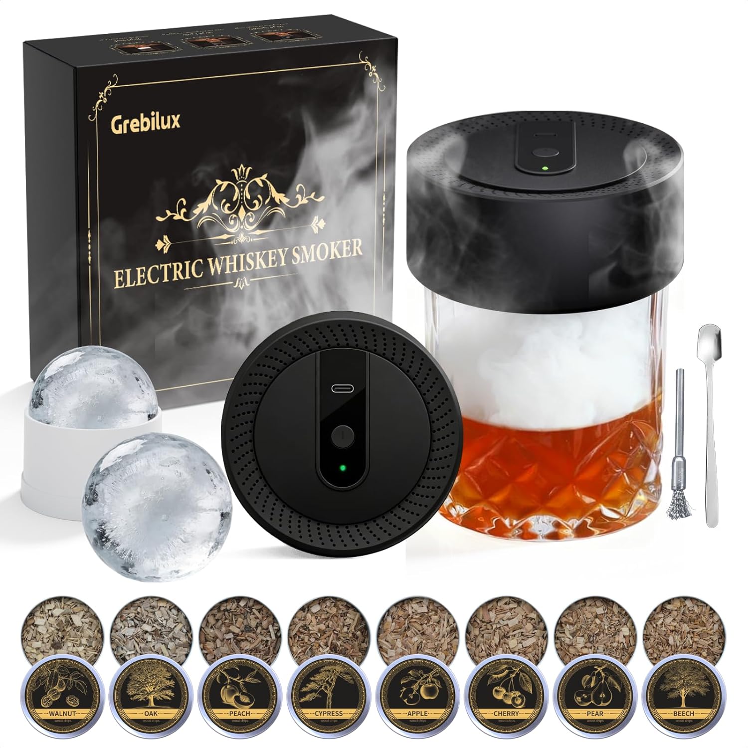 Electric Whiskey Smoker Kit with 8 Wood Chip Flavors – Rechargeable Whiskey Smoker with Built-in Ignition, Fuel-Free – for Men, Dad, Husband on Special Occasions (Black)