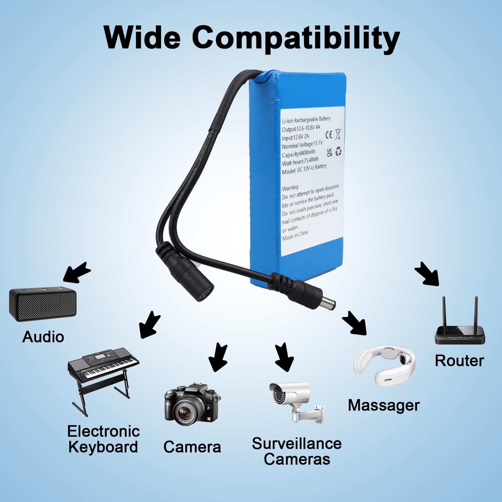 DC 12V 6800mAh Batería Recargable de Iones de Litio para la Mayoría de los Dispositivos de 12V, Cámaras Inalámbricas, Videocámaras, Reproductores MP3, Cámara CCTV, Enrutador, DVD, etc