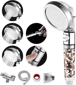 MIAOHUI Zenbody Shower Head with Filter Beads, 3 Modes Showerhead with On Off Switch, Handheld Eco Water Spa Shower Head with Hose, Adjustable Bracket, Self-adhesive Holder