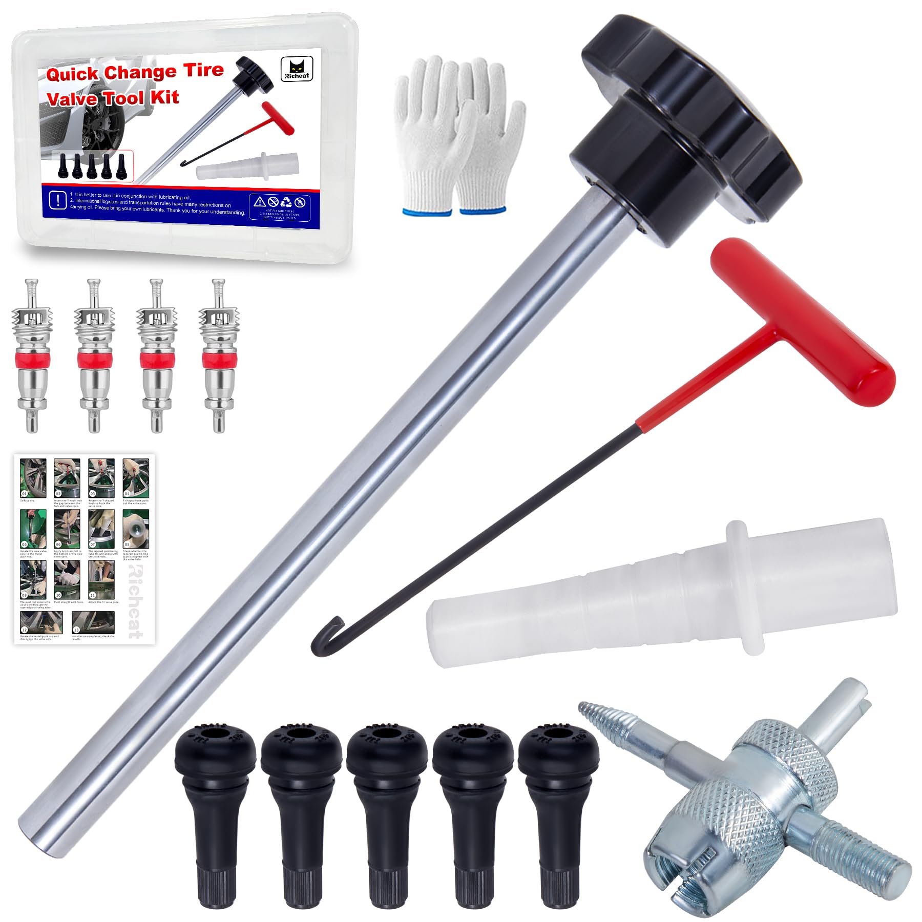 Quick Change Tire Valve Tool Kit,Tire Valve Stem Core Quickly Replacement Tool Kit,Perfect Tool for Replacing Leaky Valves in Cars,ATVs,Trucks,Motorcycles, etc.with 5 TR413 Valve,4-Way Valve Tool