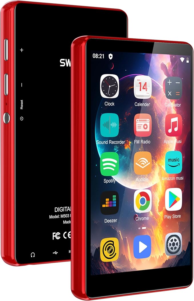 SWOFY 80GB MP3-speler met Bluetooth & WiFi, Hi-Fi 4.0 inch Touchscreen MP4- speler, Android MP3-speler met Spotify, Music, FM-radio, Recorder, E-book, Browser (Zwart/Blauw