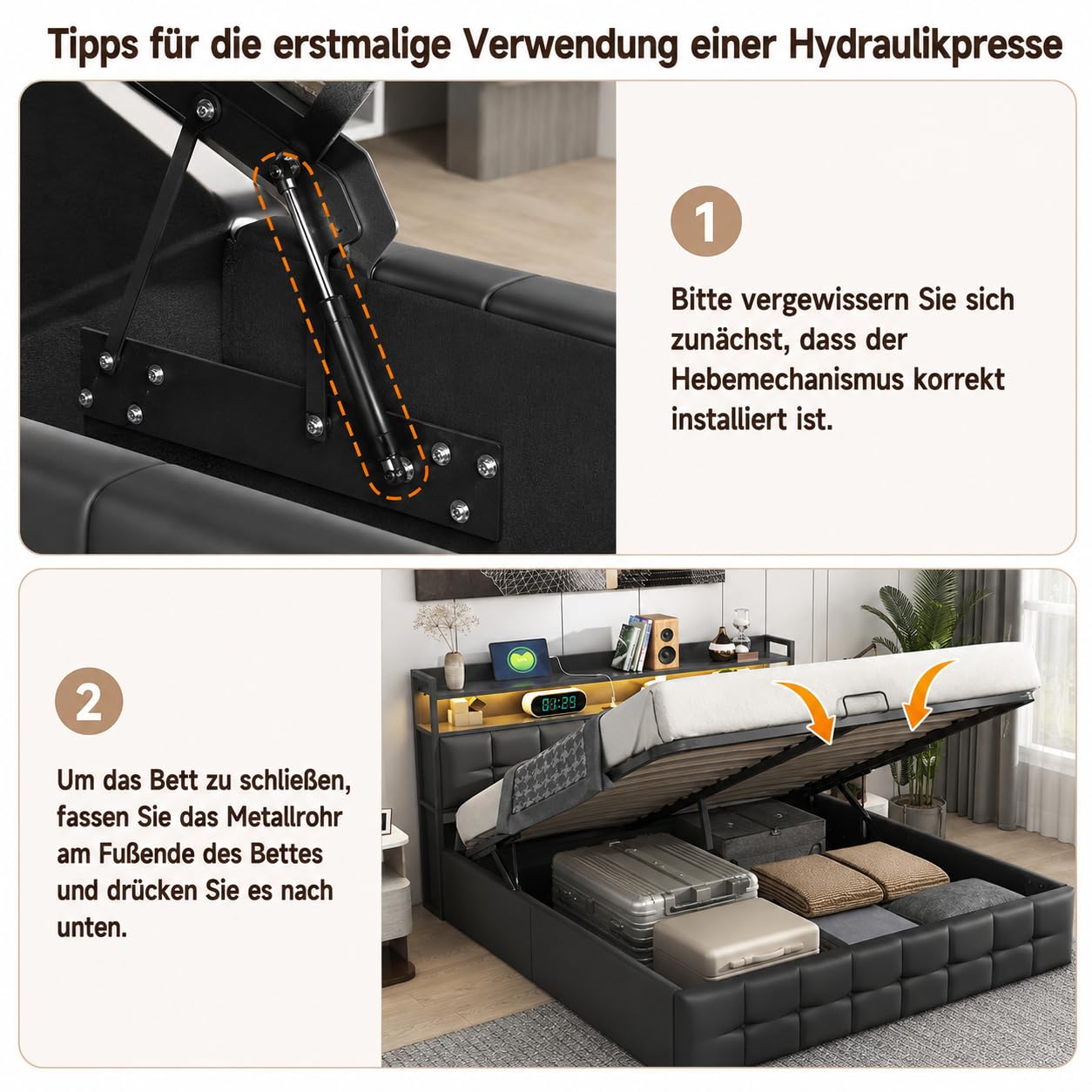 PerGar Polsterbett Doppelbett 140x200 mit LED Beleuchtung und Ladefunktion, Hydraulisches Stauraumbett mit Kopfteil, Jugendbett Betten mit Lattenrost und Bettkasten, PU, Ohne Matratze, Schwarz