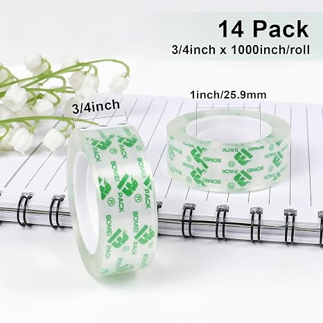 BOMEI PACK 14Rolls Crystal Clear Tape, Transparent Tape Refills for Dispenser, Crafters Tape for Gift Wrapping, Home, School Office Supplies, 3/4Inch x 1000 inch