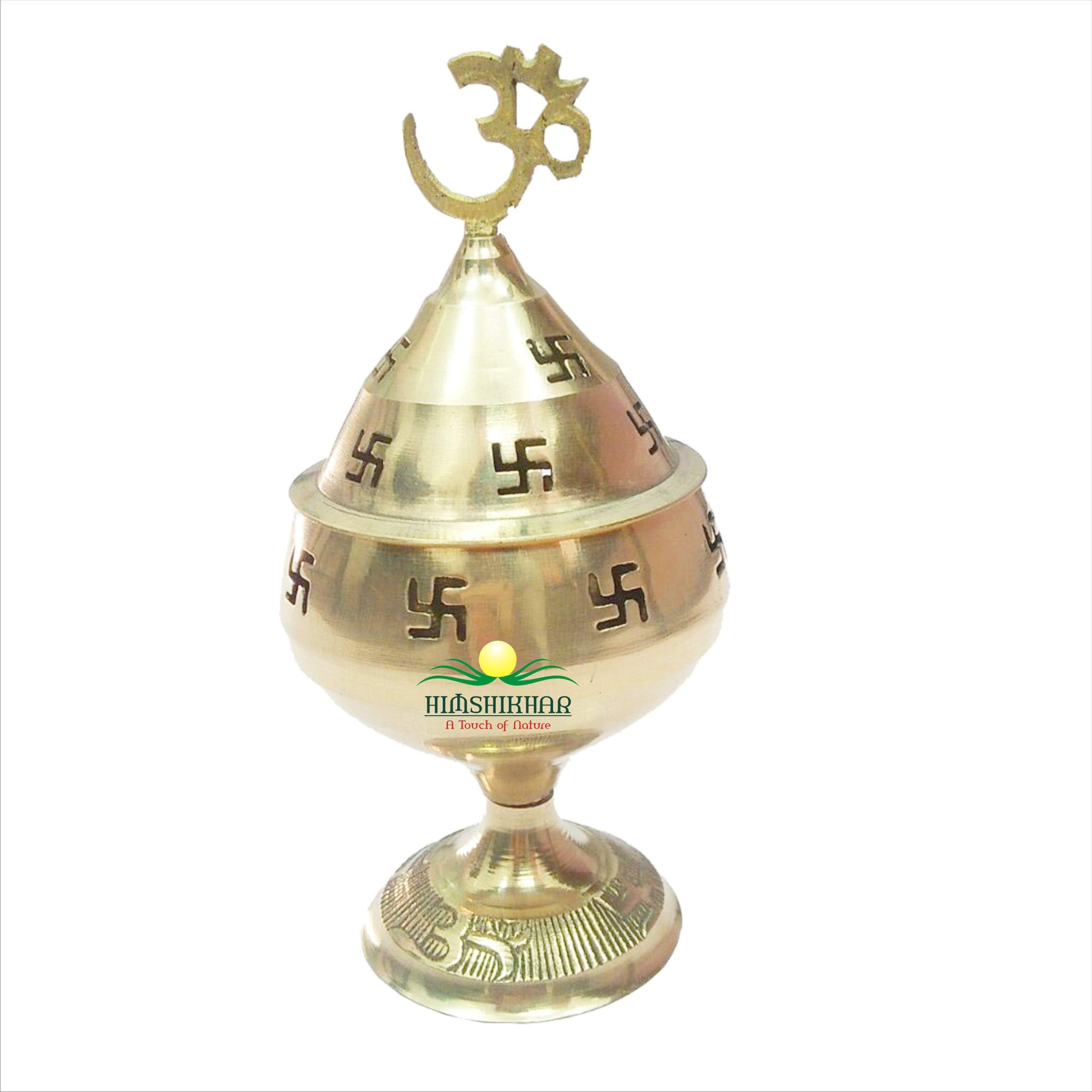 Himshikhar Green World Pooja Samagri Brass Golden Akhand Diya/Deepam with Swastik Hole and Om Design on Top lid Chimney for puja Room