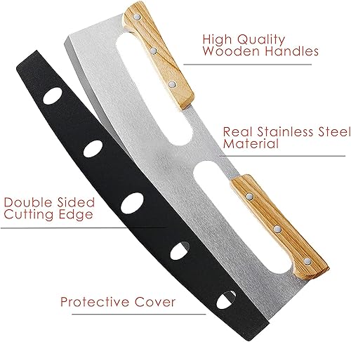 Miniatura 3 de Cortador de pizza de 14 pulgadas, picador Mezzaluna, picador de ensalada Mezzaluna, cuchillo balancín cortador de pizza con mango de madera,