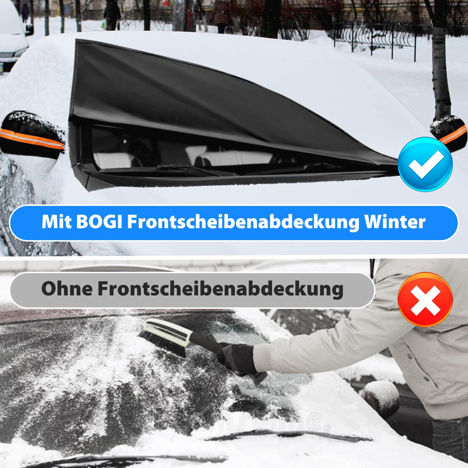BOGI Frontscheibenabdeckung Winter, 600D wasserdichte & EIS Schnee Windschutzscheibenabdeckung Auto Frostabdeckung Sonnenschutz Winschutzscheiben Abdeckung Faltbar für Auto SUV LKW (195x120CM)
