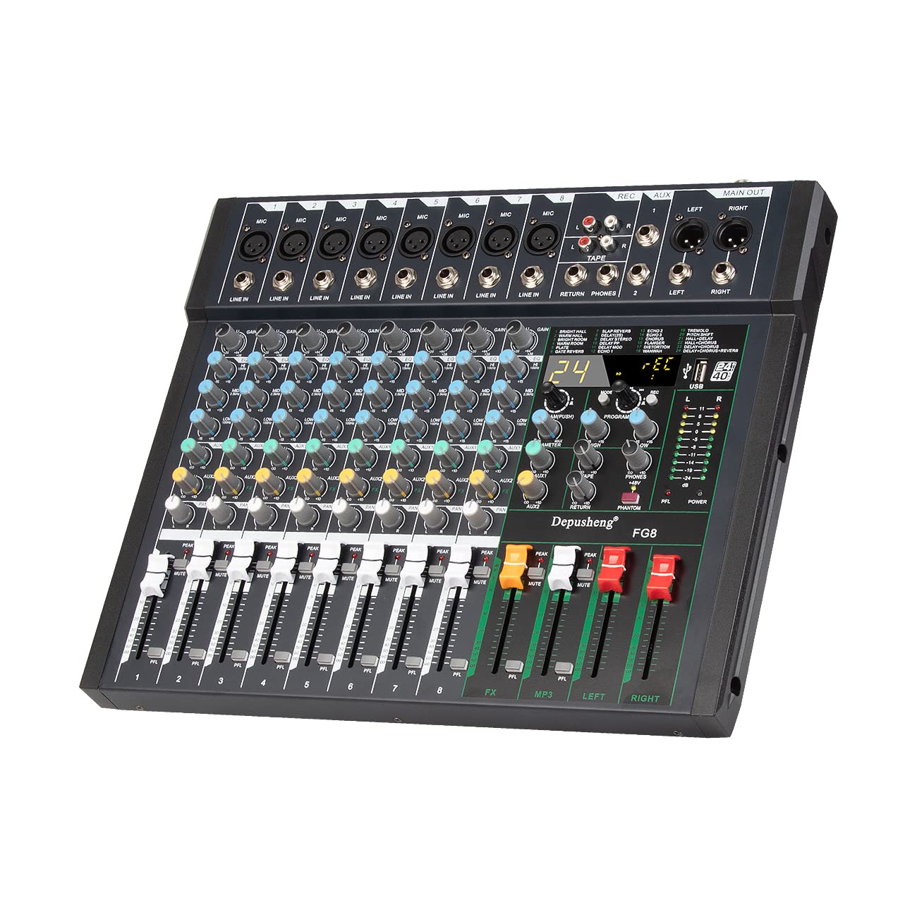 Depusheng FG8 Table de mixage audio professionnelle 8 canaux pour enregistrement sur ordinateur Interface de contrôleur de son 24 effets DSP intégrés avec alimentation fantôme 48 V, MP3, Bluetooth