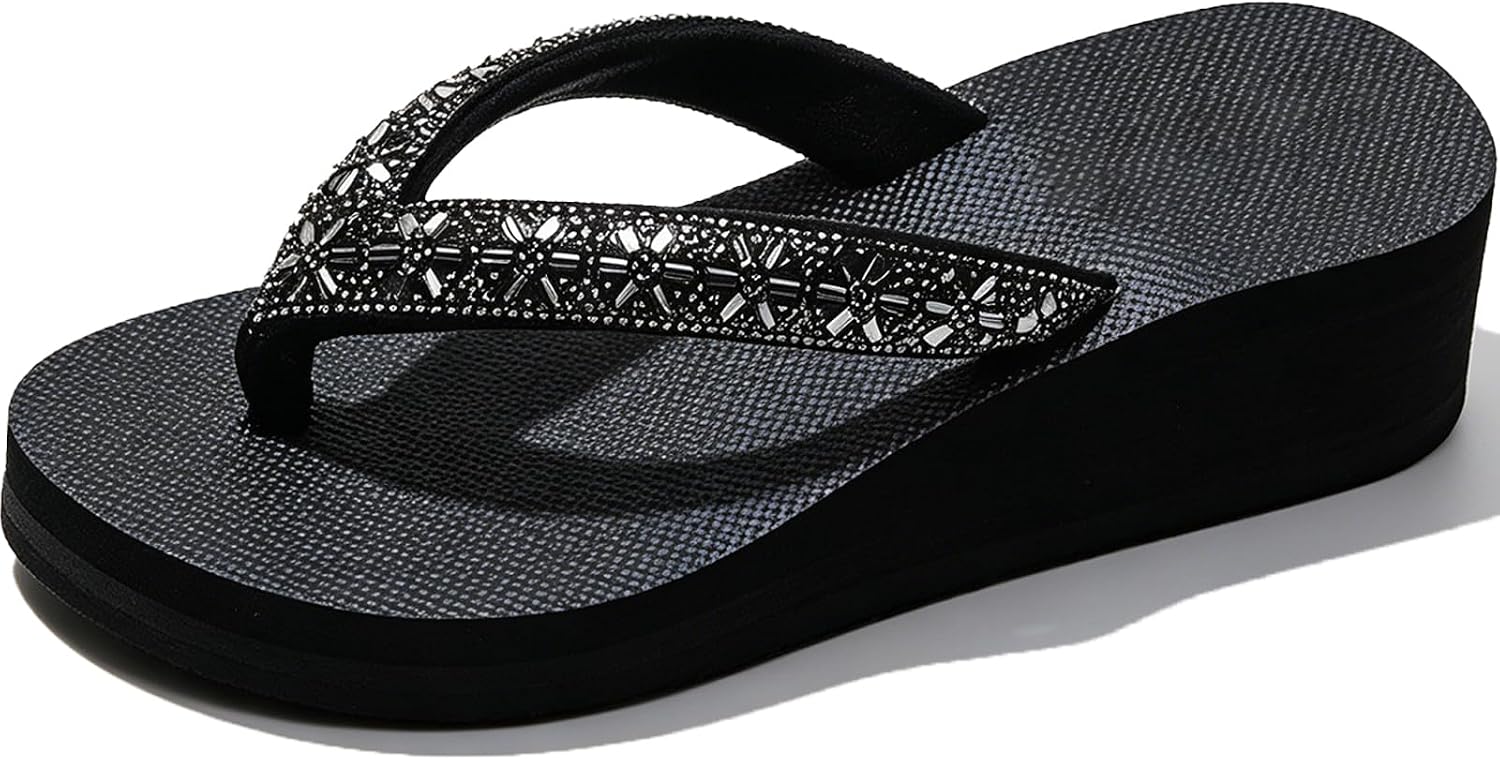 Rhinestone Flip Flops for Women's Comfort Wedges Heel Thong Sandals with Arch Support for Casual Summer Beach Indoor Outdoor Slip on Sandals