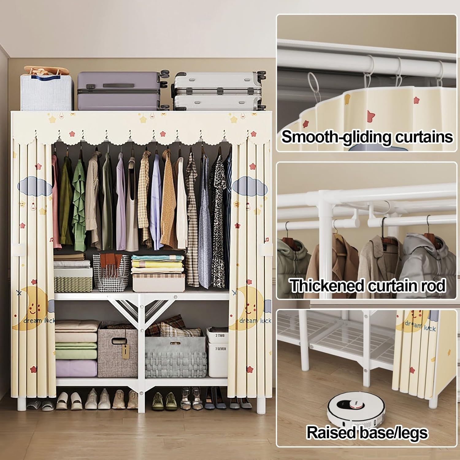 Heavy Duty Foldable Wardrobe Closet with Cover, Portable Metal Garment Rack for Bedroom, Space-Saving Clothes Organizer for Hanging Clothing, 150cm/59.1in E 100cm/39.4in