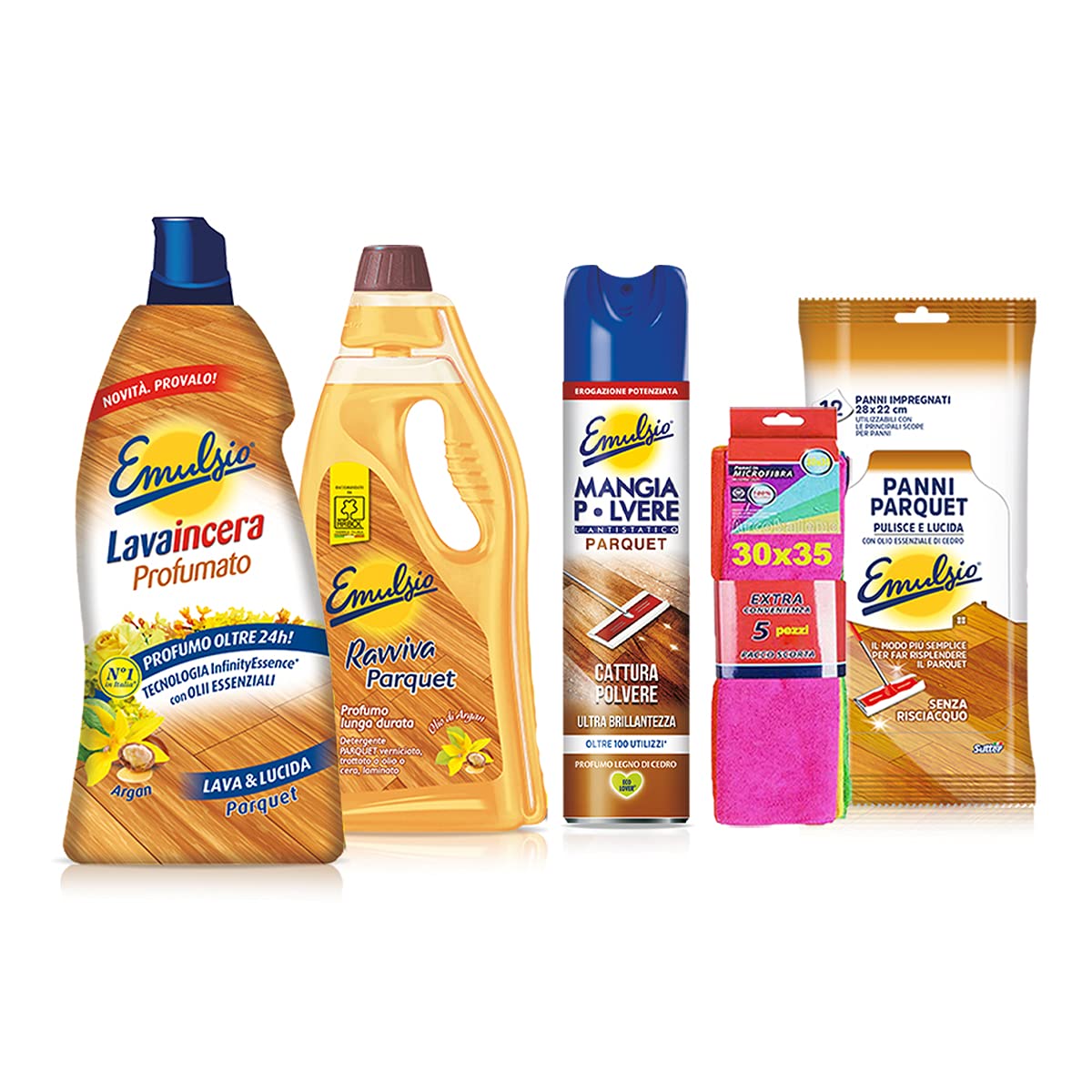 Emulsio Kit Pulizia casa Parquet : Lavaincera - Ravviva - Mangia Polvere - Panni + 5 Panni in Microfibra