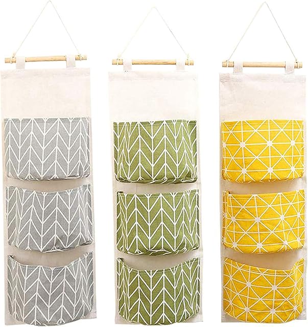ZhengYue Wall Hanging Storage Bag, Waterproof Over The Door Closet Organizer| Linen Farbric Hanging Pocket Organizer with 3 Remote-Sized Pockets for Bedroom, Bathroom Yellow + Gray +Green
