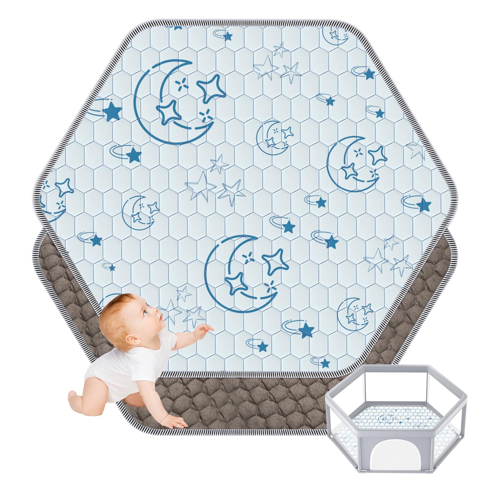 Hexagon Baby Play Mat 59x48 inches: Thick & Soft 6 Panel Playpen Mattress for Babies Toddlers Infant - Non-Slip Silicon Dot Crawling Mats - Foldable &