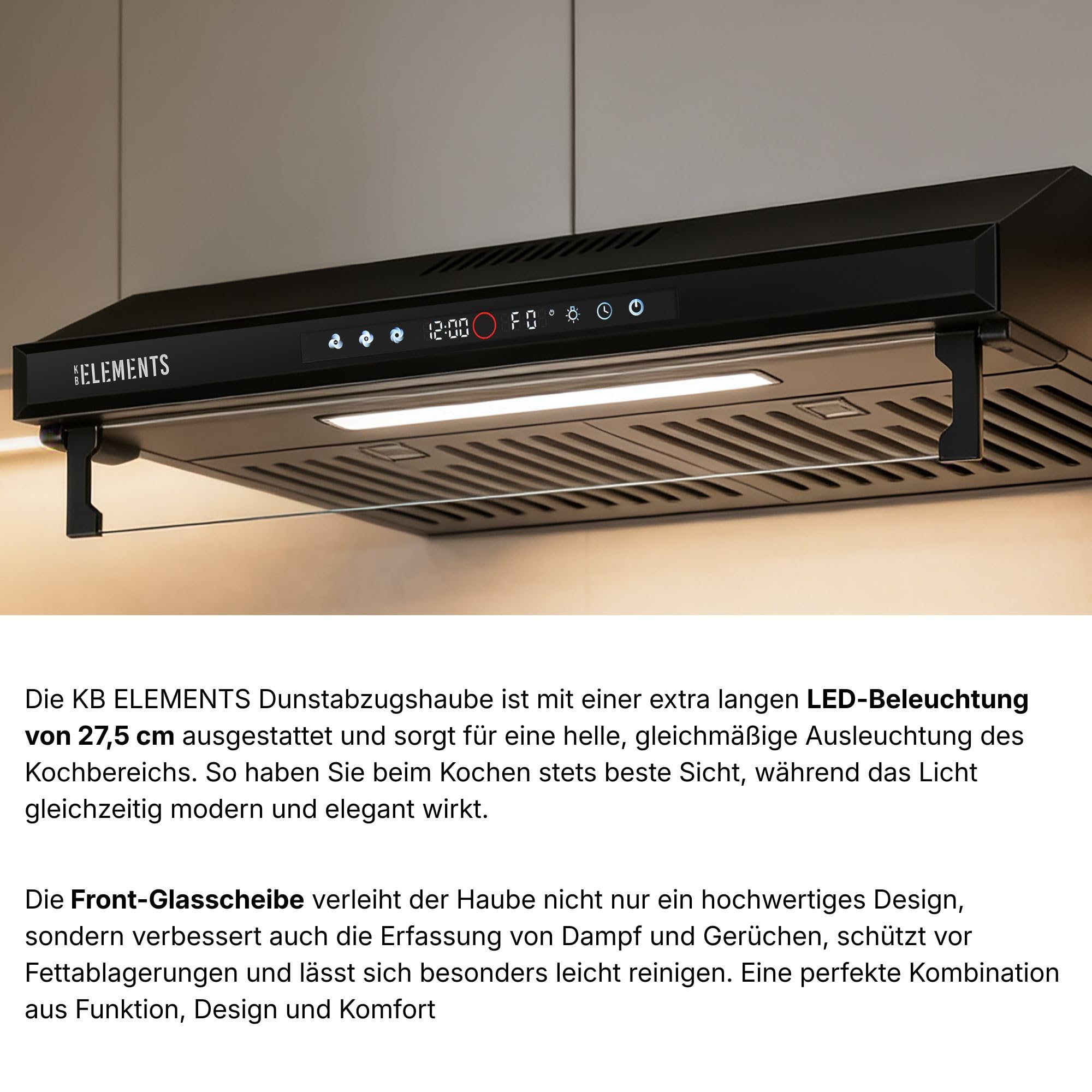Dunstabzugshaube 60cm Unterbau Umluft/Abluft 650m³/h starke Saugleistung Doppelter Motor Touch-Gestensteuerung Multifunktionales Touch Display