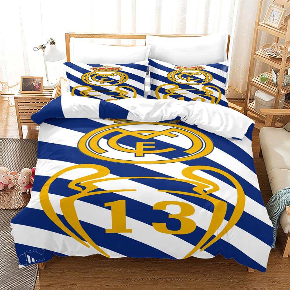 WINUO Equipo de Fútbol Real Madrid Juego de Funda Nórdica 135X200cm (Cama de 90) Funda de Edredón de Microfibra Suave con 2 Fundas de Almohada 50x75