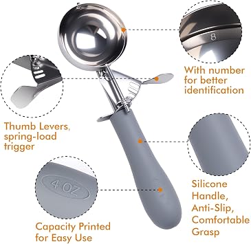 Fayomir 4 OZ Scoop, #8 Disher, Large Ice Cream Scoop with Trigger, Muffin Scoop, Large Cookie Scoops for Baking, Grey Handle, With Trigger for Portion Control