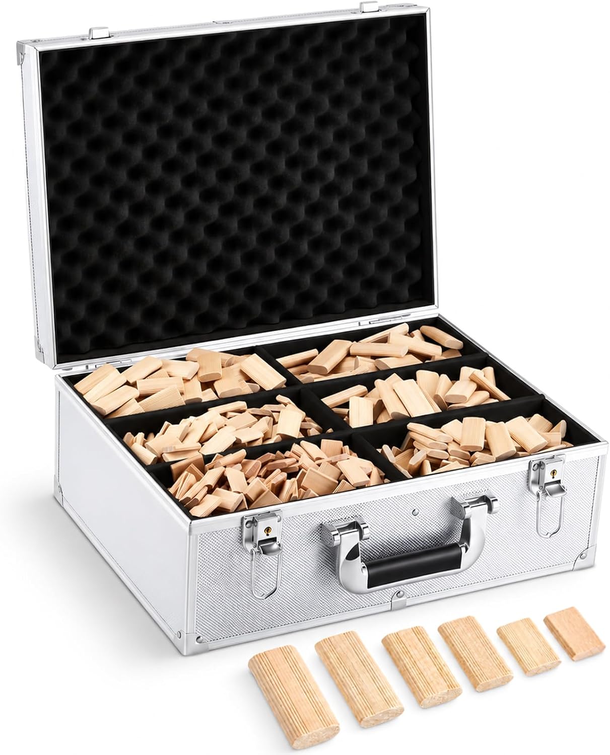 Lewtemi 1000pcs 1000 Pcs Beech Wood Loose Tenon Set 6 Sizes Tenon with Case | 6 Assorted Sizes Wood Tenons, Aluminum Alloy 6-compartment Storage Case, Woodworking Tenons for Cabinet & Furniture Joinery