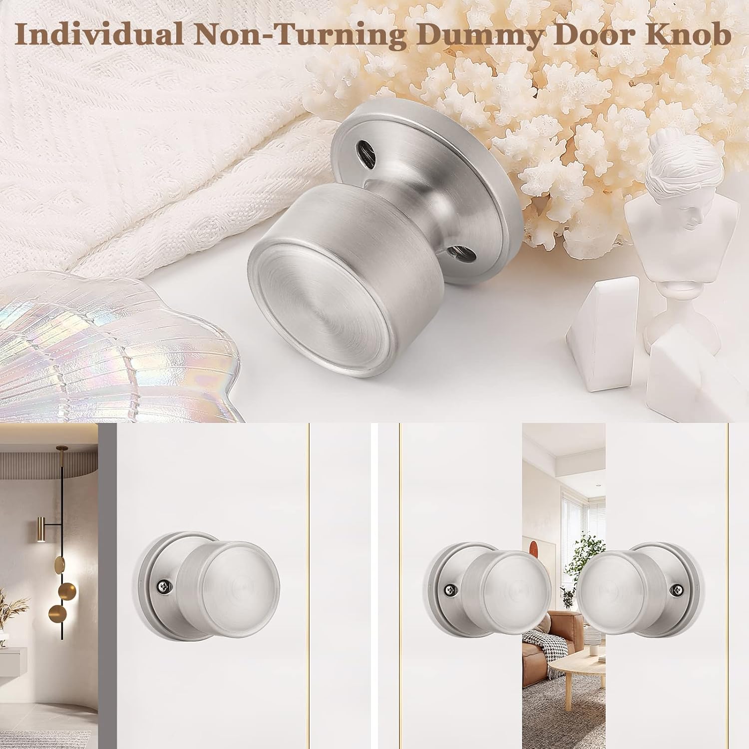 knobelite 2 Pack Dummy Knobs Satin Nickel Closet Door Knobs Single Side Non-Turning, Inactive Interior Round Knobs