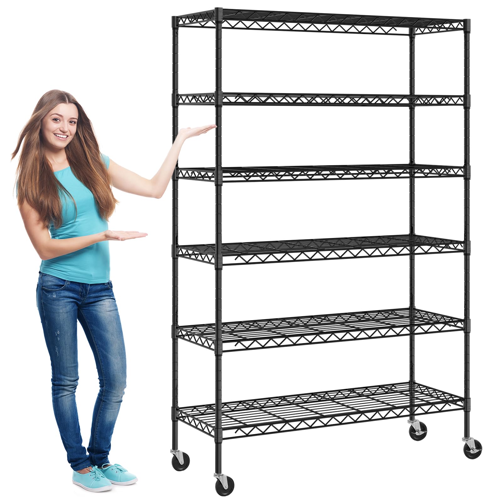 HGS 6 Tier Wire Rack Storage Shelves Wire Shelving Unit with Wheels Heavy Duty NSF Utility Steel Shelves Height Adjustable Kitchen Garage Shelf Racks, 82"x 48"x 18", Black