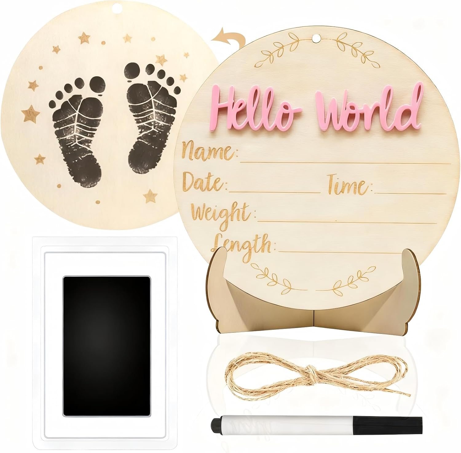 Baby Announcement Sign, 5.9 Inch Round Wooden Hello World Newborn Signs, Birth Announcement Sign: Equipped with Ink Pad Can Baby Handprints and Footprints for Photo Prop Hospital Nursery Gift (Blue)