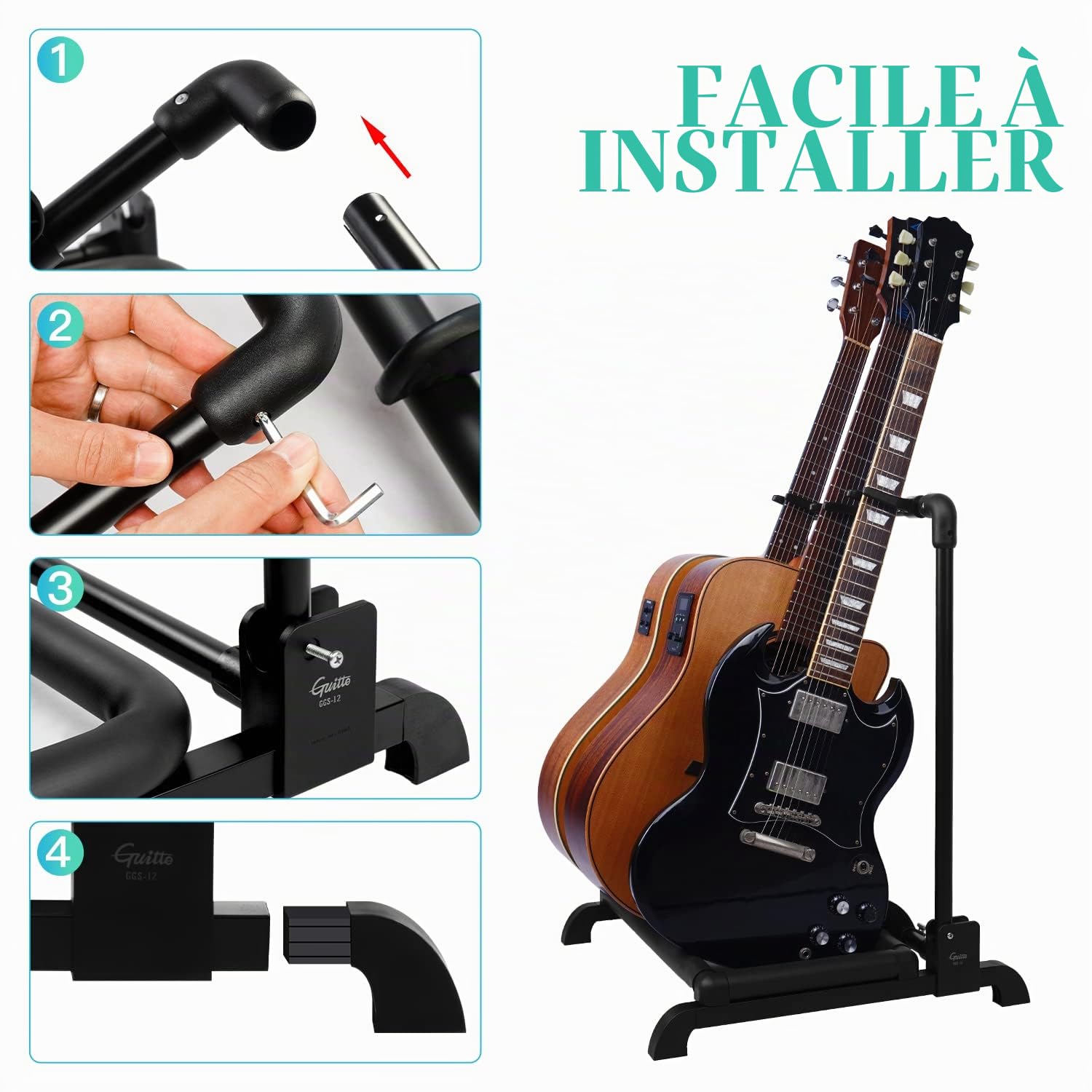 GUITTO GGS-12 Support de guitare multifonction pliable universel Support de guitare portable pour ruban, scène, basse, guitare acoustique, 3 supports