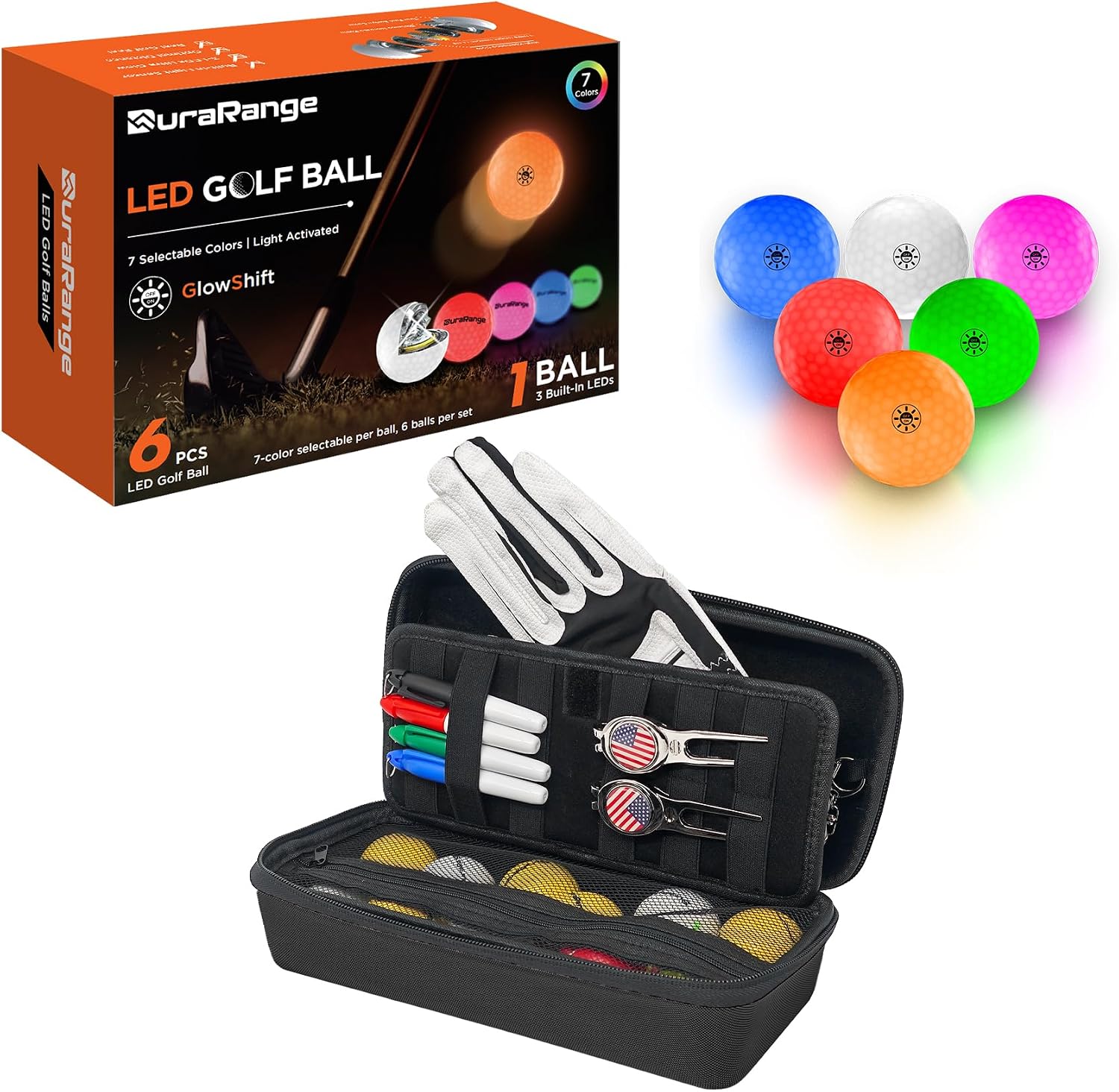 DURARANGE GlowShift LED Golf Balls & Golf Organizer Case – 7-Color Light-Control Balls with 3-LED Core + Waterproof Storage Box for Tees, Gloves, Tools – Night Golf Gift Set