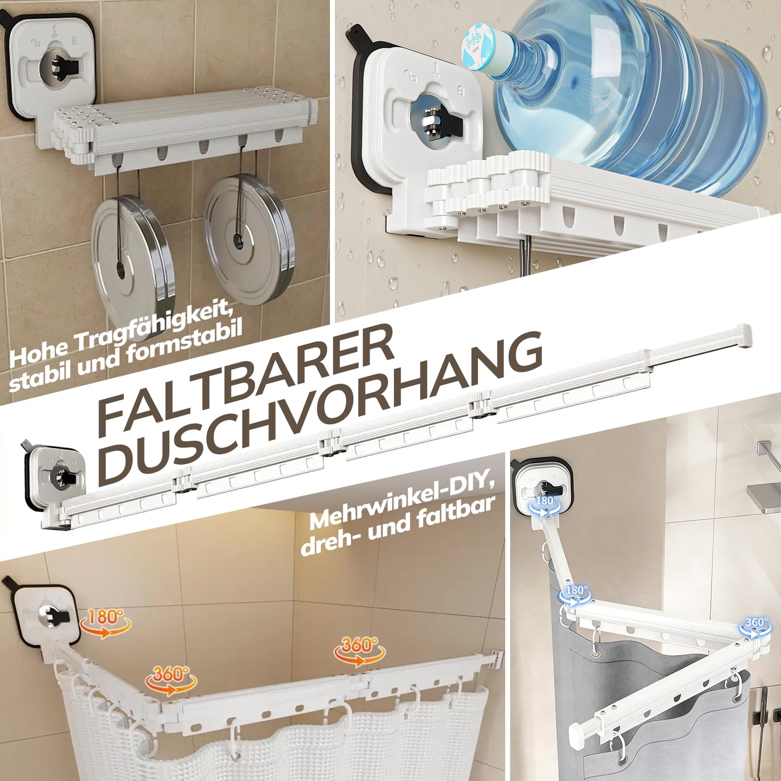 Rideau De Douche Sans Perçage, Tringle à Rideau De Douche Pliable Avec Ventouses, Rideau Douche (1,8x2m), Tige d'Angle avec Anneaux, pour Salles de Bain, Baignoire, Vestiaires(4 Plis)