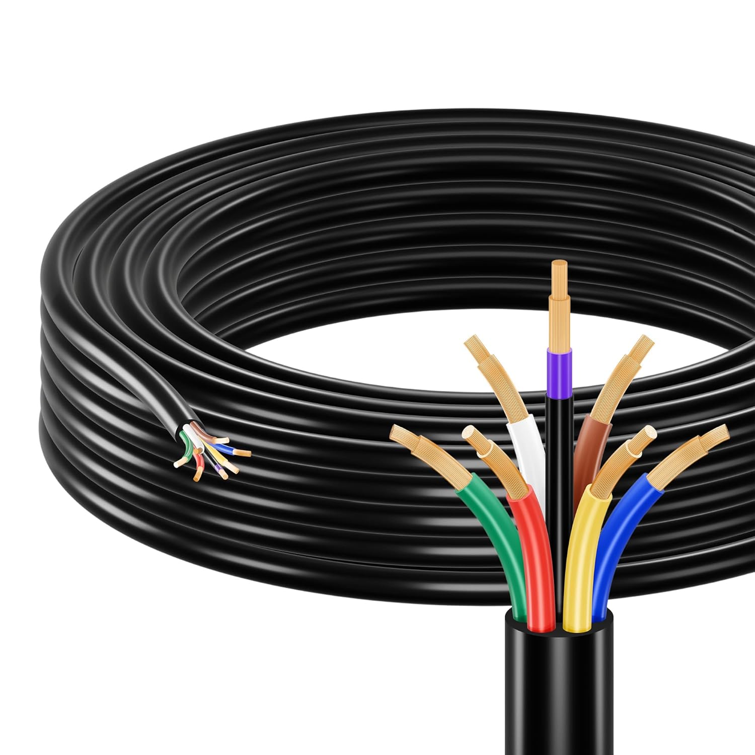 50FT 7 Way Trailer Wire 14 Gauge Oxygen-Free Copper, -30°C to 80°C Heavy Duty 7 Pin Conductor Pure Copper Wire Harness Kit, for 5th Wheel/Traval Trailer/Camper/Truck/RV, No Paper&Quartz Powder Inside