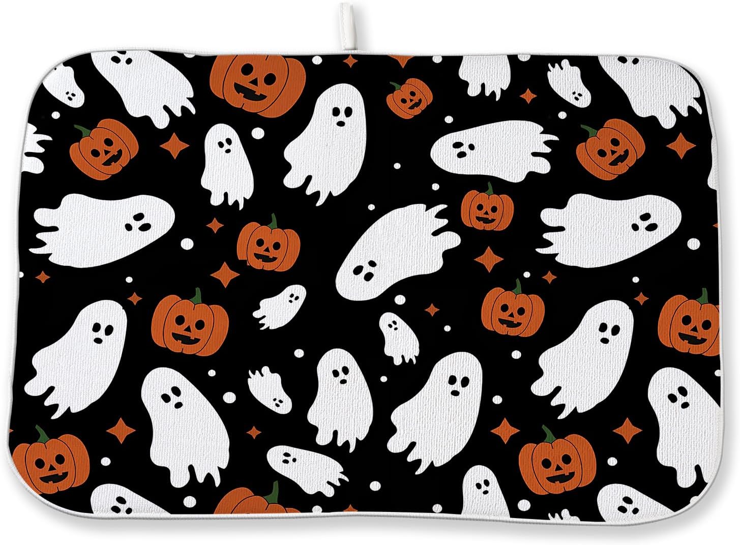 halloween dish drying mat 18x24 inches for kitchen counter black white ghost burnt orange pumpkin fall kitchen decoration drying mat decorative autumn harvest drying pad for kitchen dining room 18x24inch halloween 01