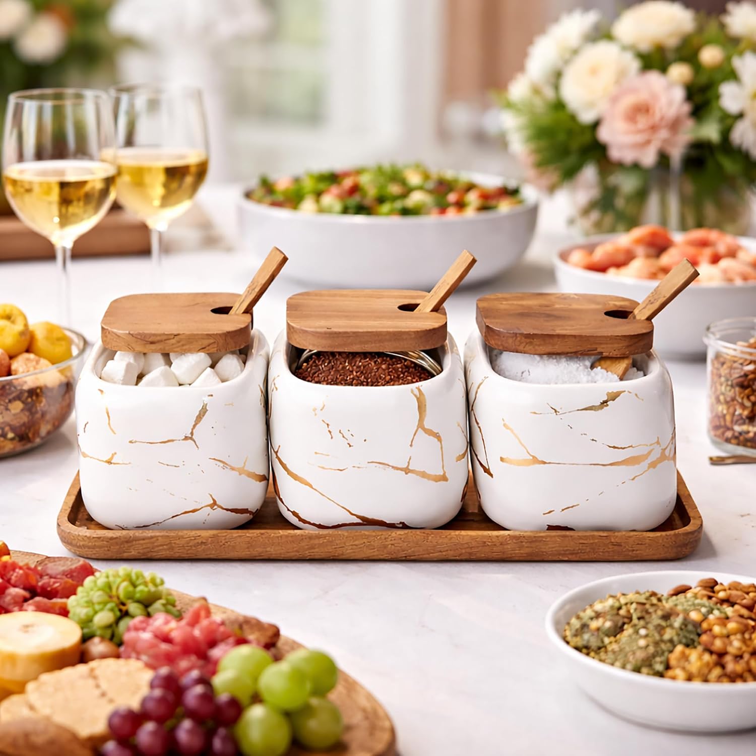 Ceramic Spice Jars Porcelain Condiment Jars Set Marble Ceramic Seasoning Box 3pcs Condiment Pots for salt, sugar, pepper Kitchen Seasoning Condiment Jar Set