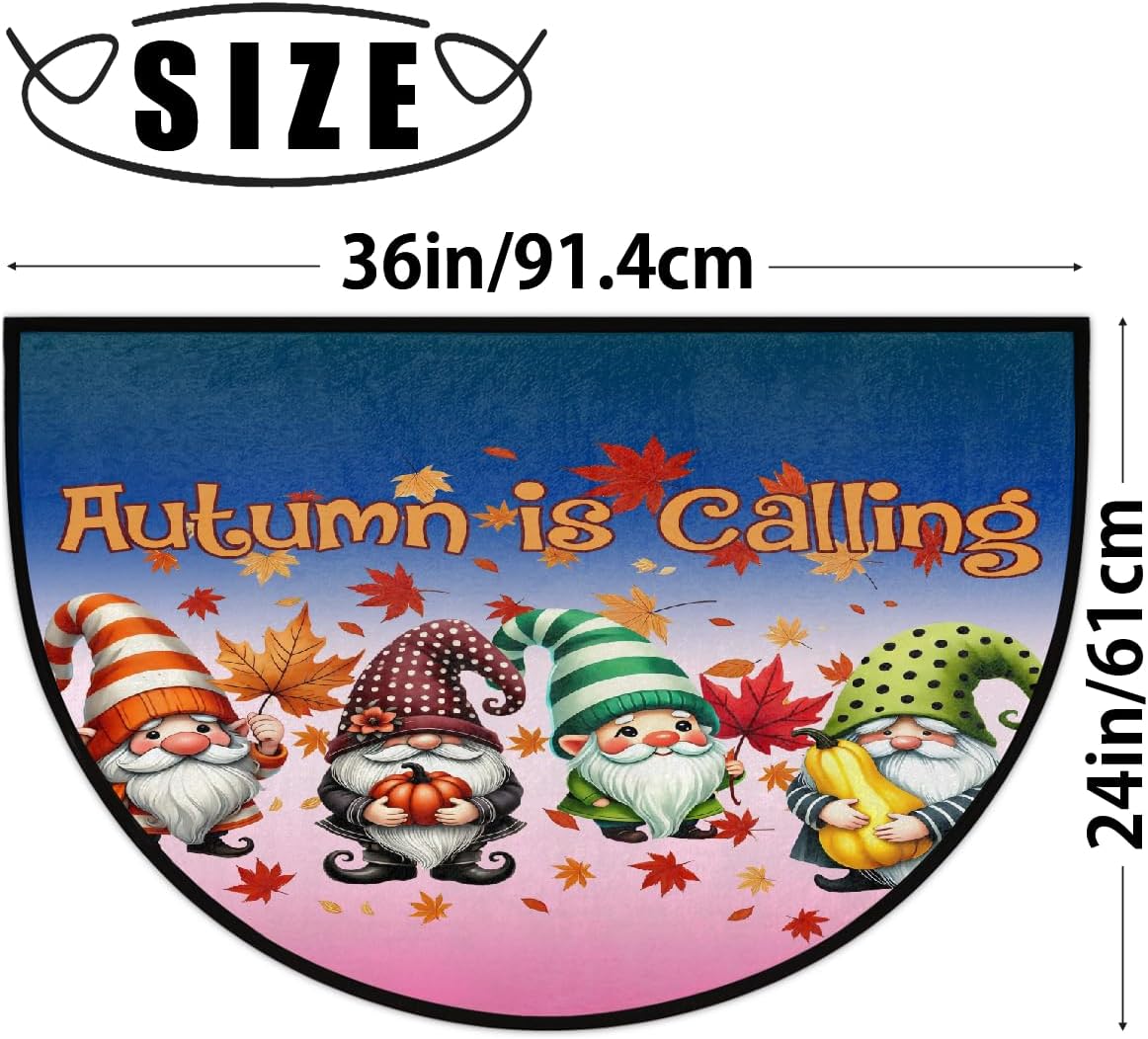 Half Round Door Mat Gnome Fall Cute Non Slip Absorbent Semi Circle Area Rugs Washable Half Moon Floor Mats for Indoor Outdoor Patio Kitchen Bathroom Entryway Fireplace Home Carpet Decor