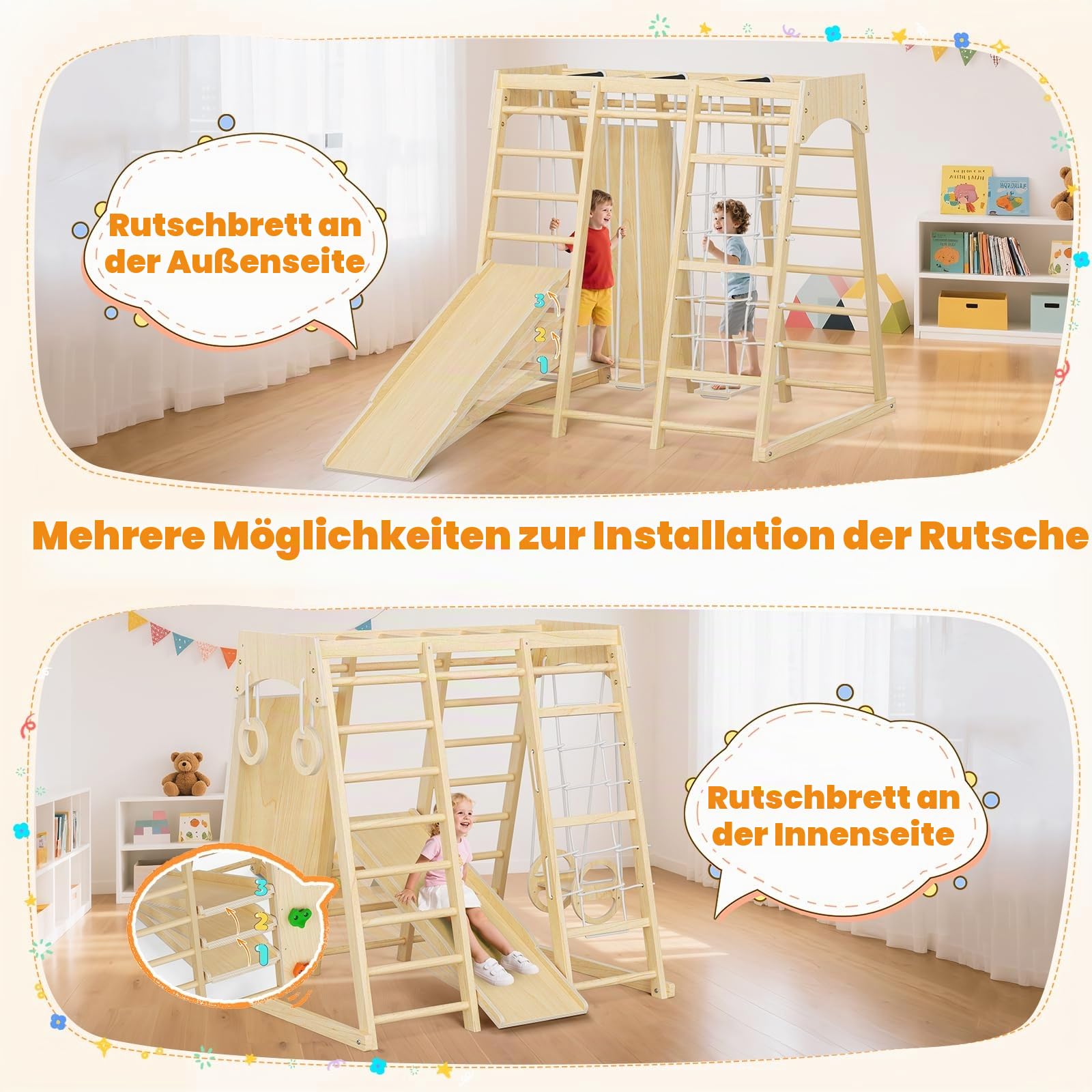 9-in-1-Klettergerüst für den Innenbereich für Kinder, Indoor-Spielplatz aus Holz mit Rutsche und Schaukel, Montessori-Kletterset mit Kletternetz und Klettergerüst